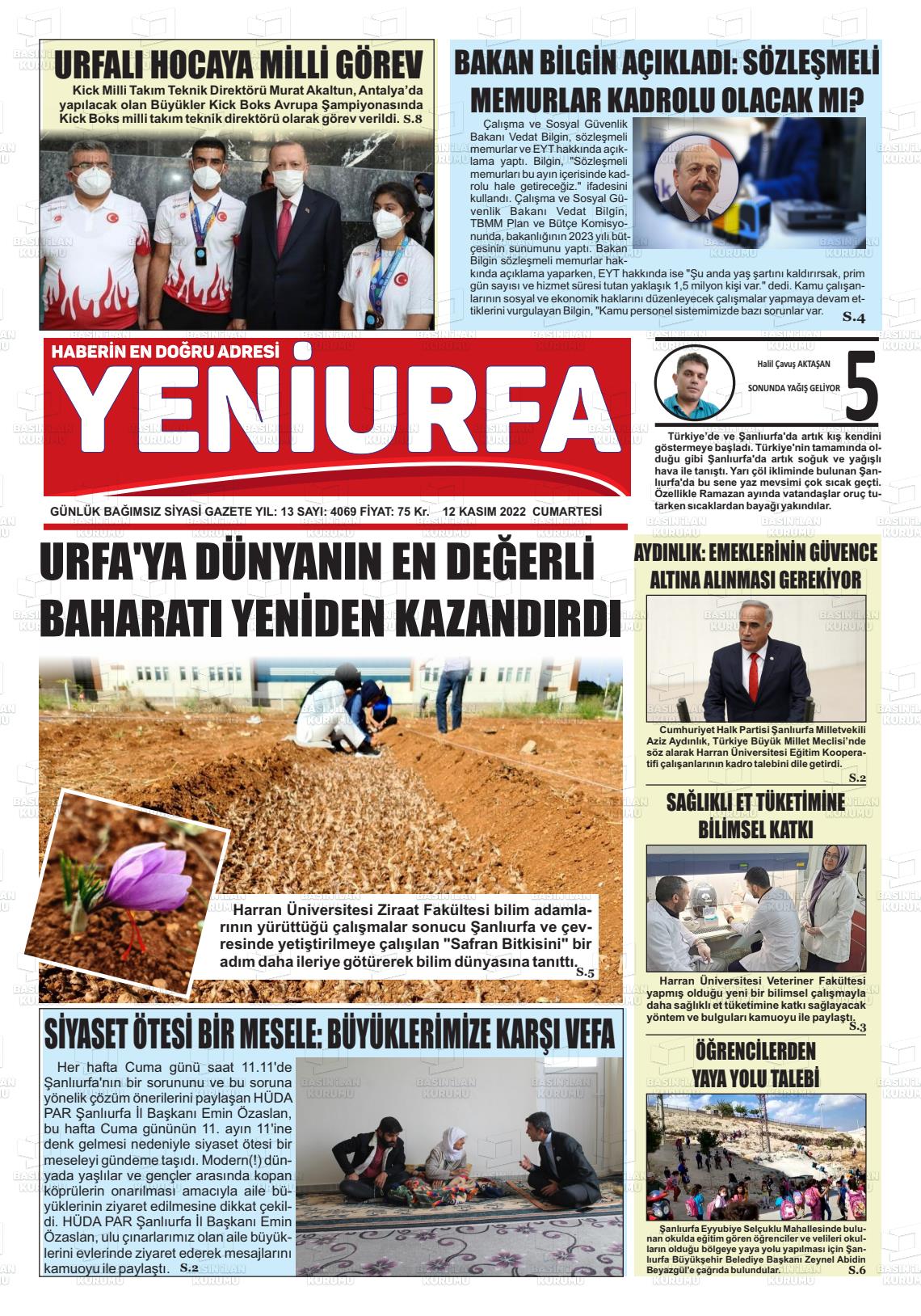 12 Kasım 2022 Yeni Urfa Gazete Manşeti