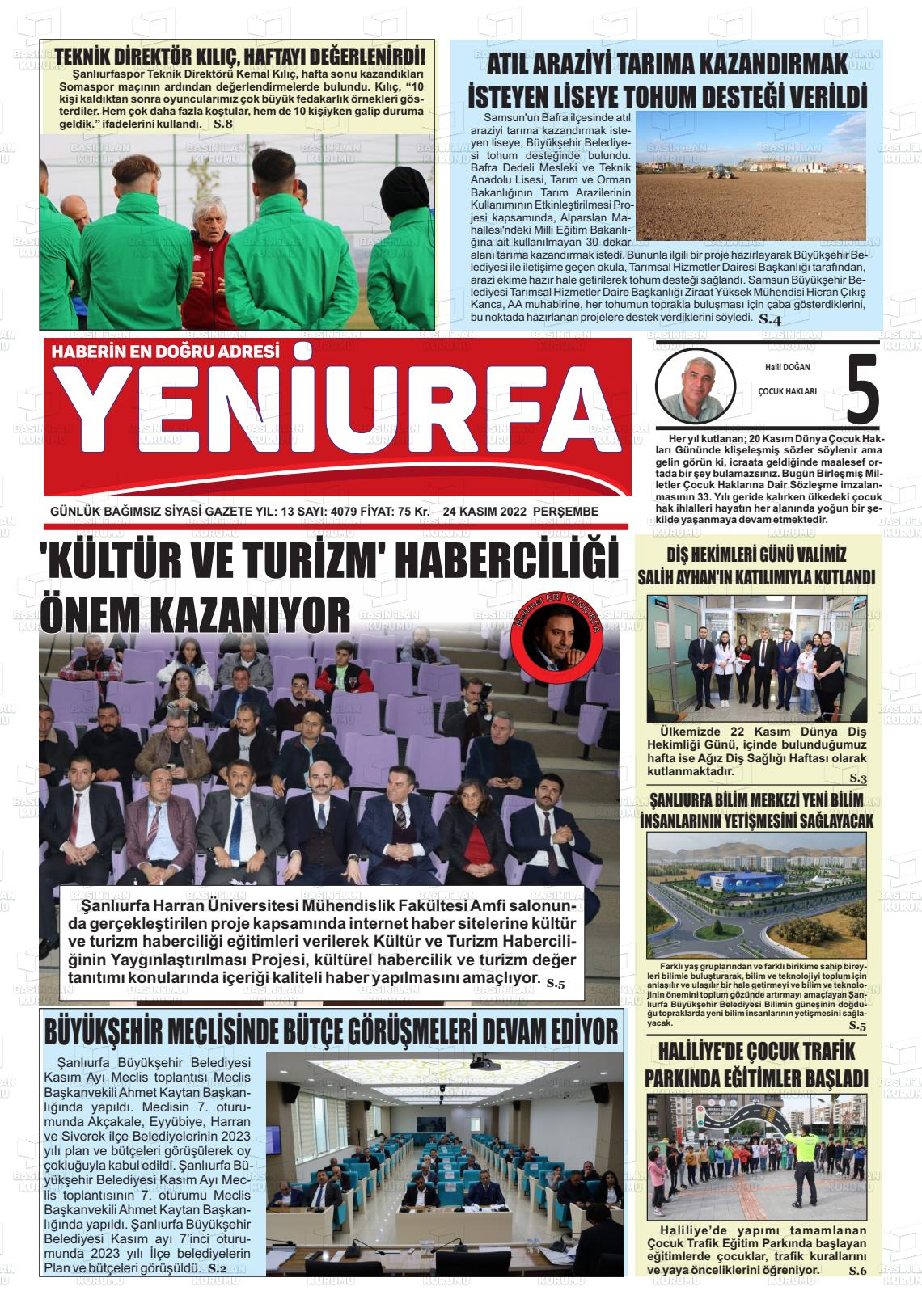 24 Kasım 2022 Yeni Urfa Gazete Manşeti