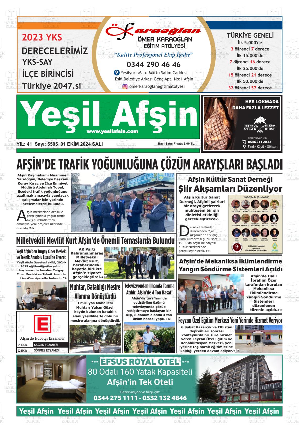 01 Ekim 2024 Yeşil Afşin Gazete Manşeti