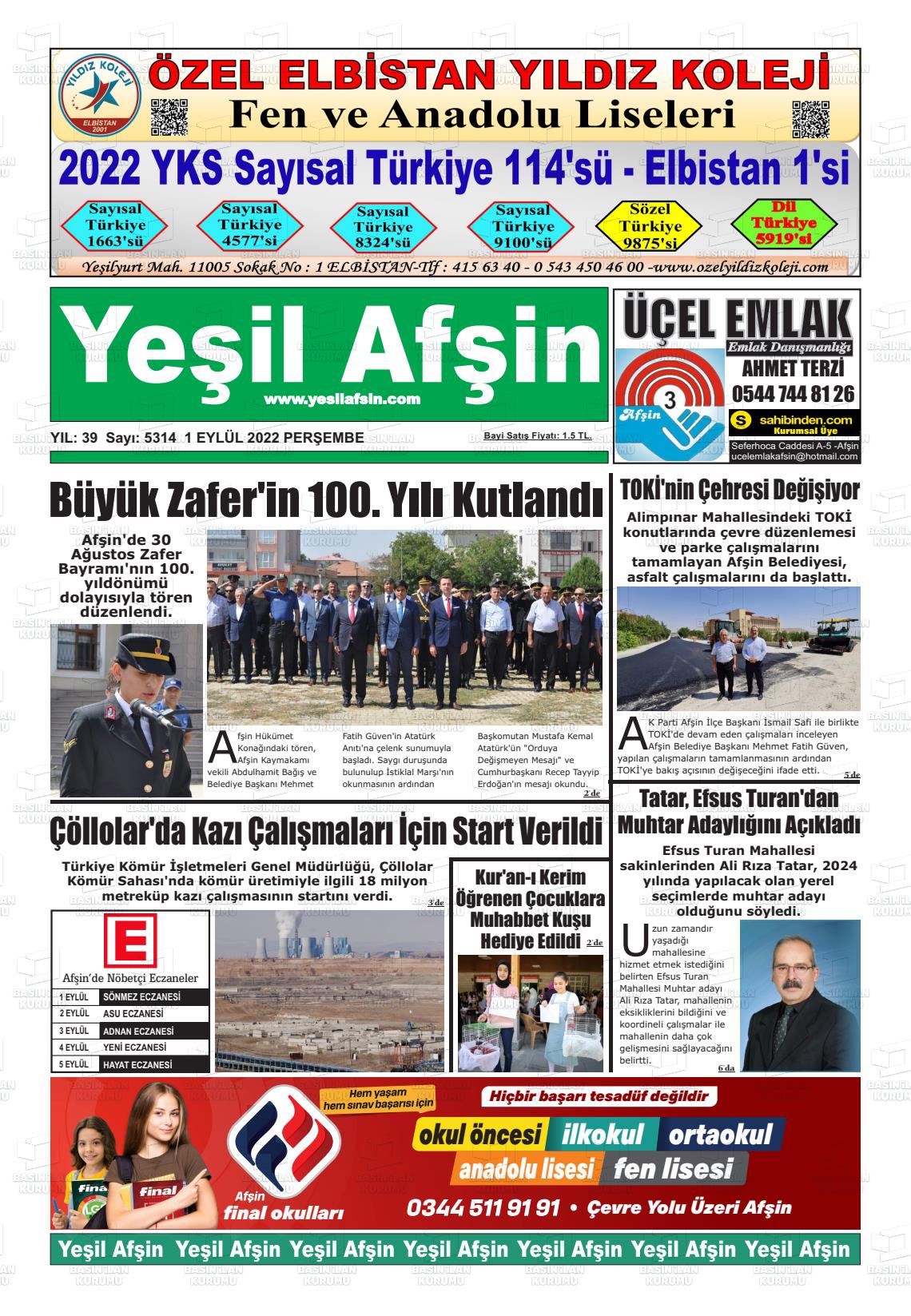 01 Eylül 2022 Yeşil Afşin Gazete Manşeti