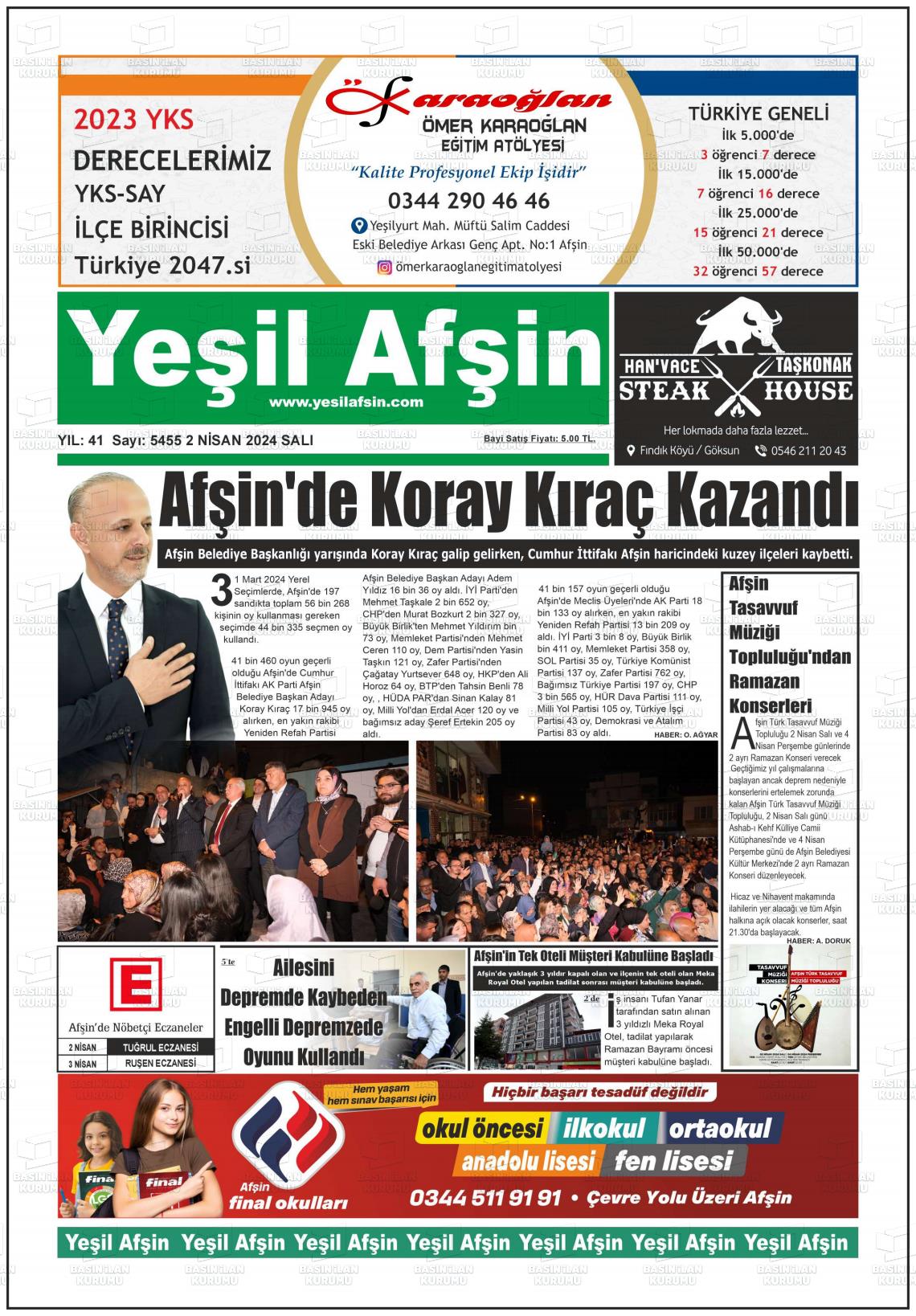 02 Nisan 2024 Yeşil Afşin Gazete Manşeti