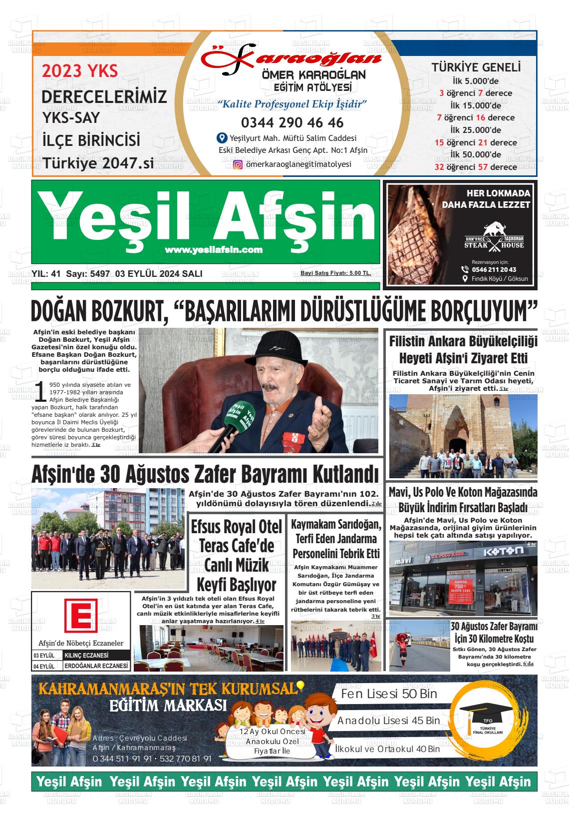 03 Eylül 2024 Yeşil Afşin Gazete Manşeti