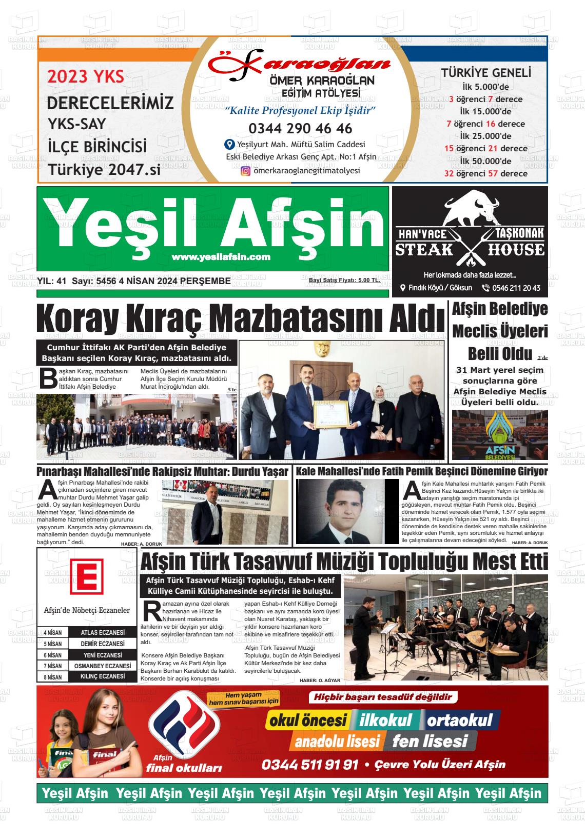 04 Nisan 2024 Yeşil Afşin Gazete Manşeti