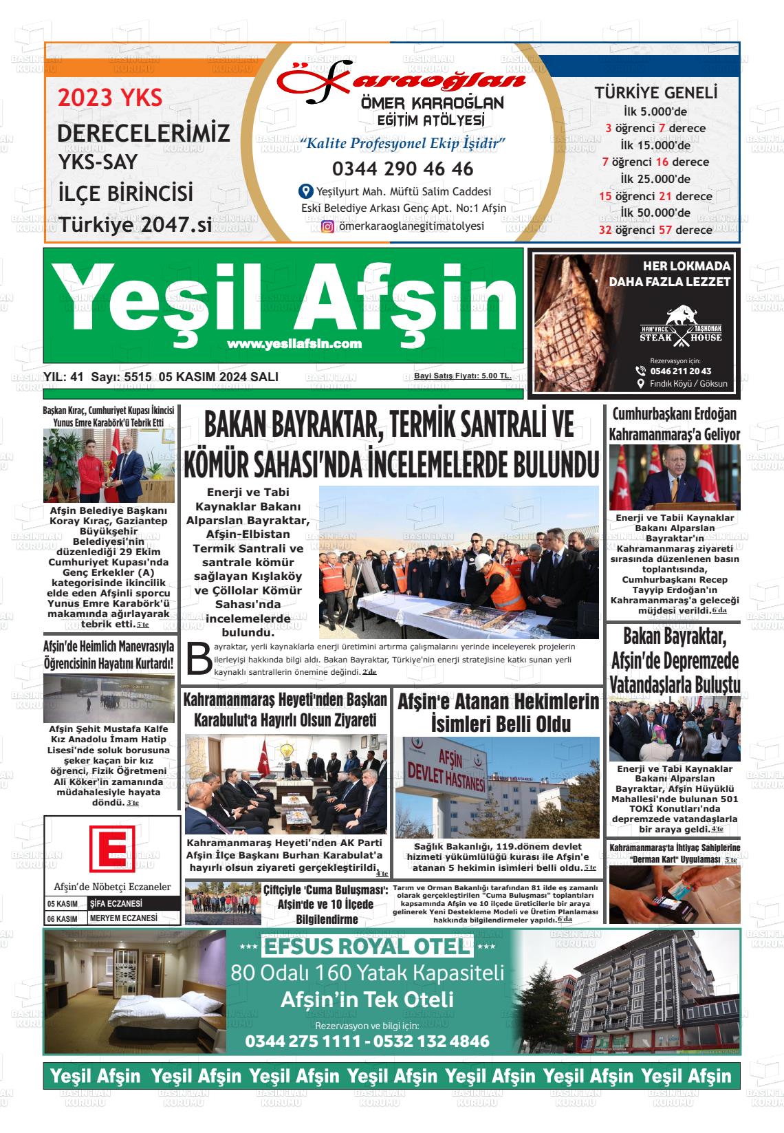 05 Kasım 2024 Yeşil Afşin Gazete Manşeti