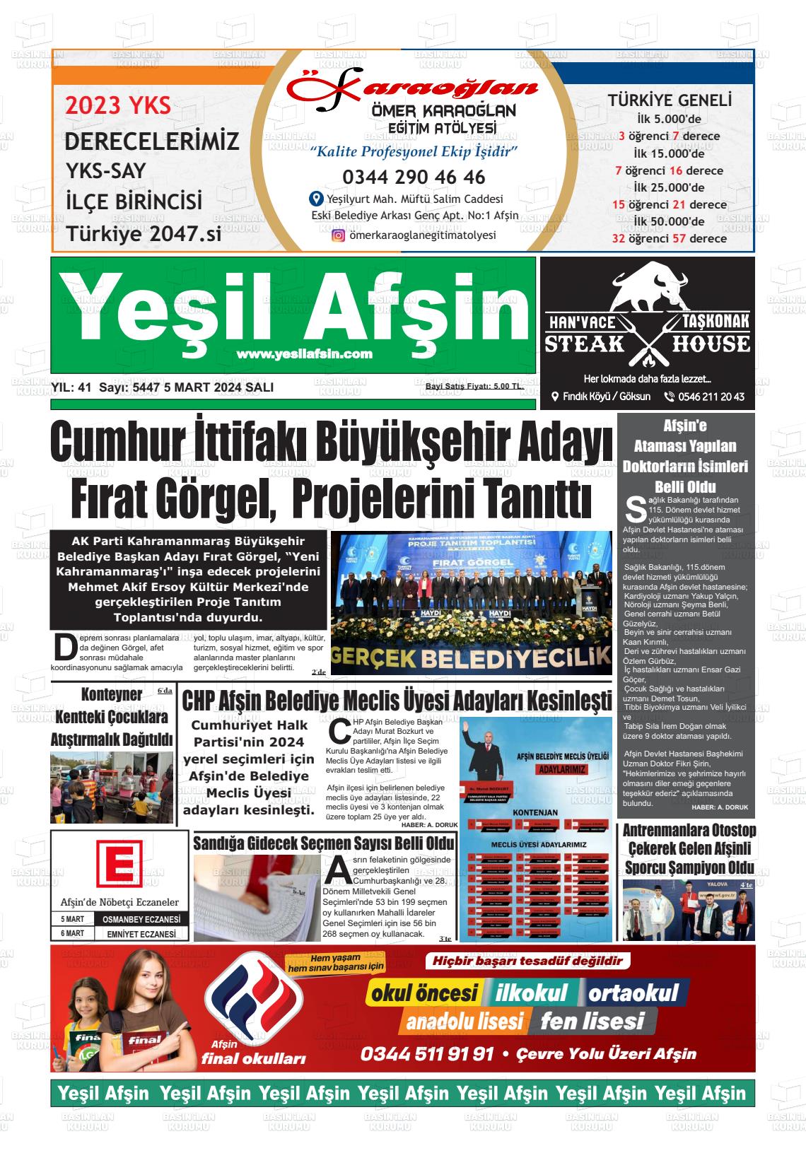 05 Mart 2024 Yeşil Afşin Gazete Manşeti