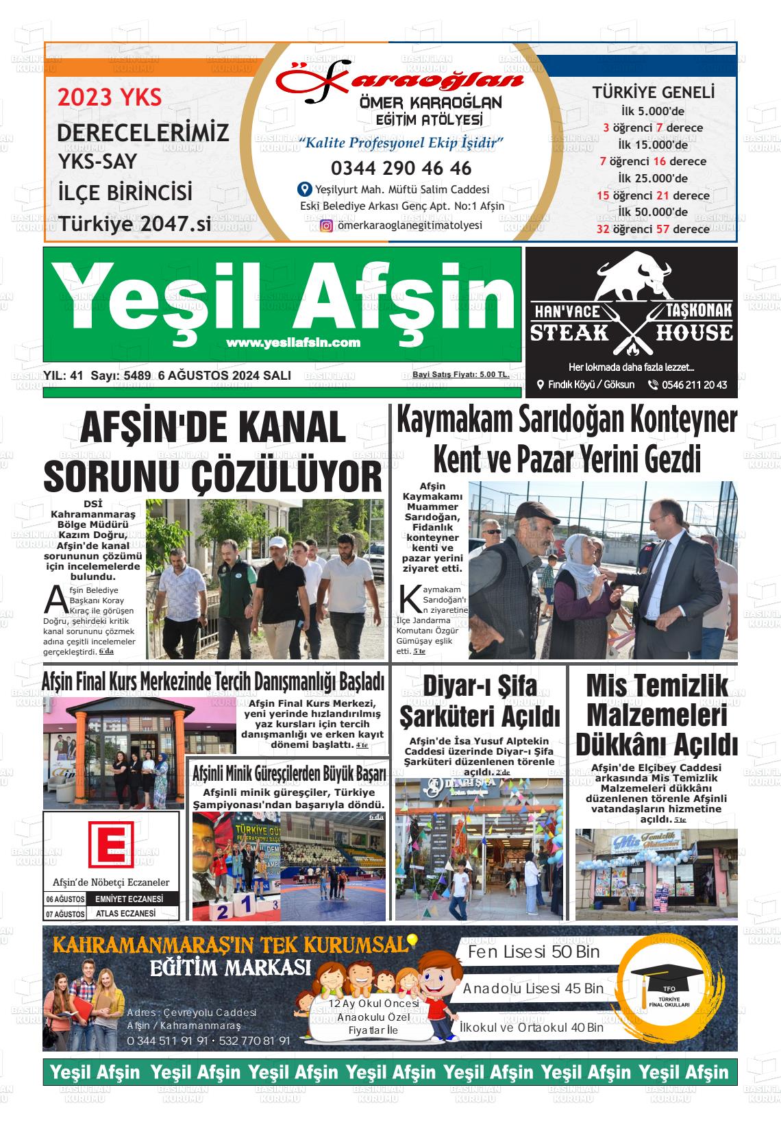 06 Ağustos 2024 Yeşil Afşin Gazete Manşeti