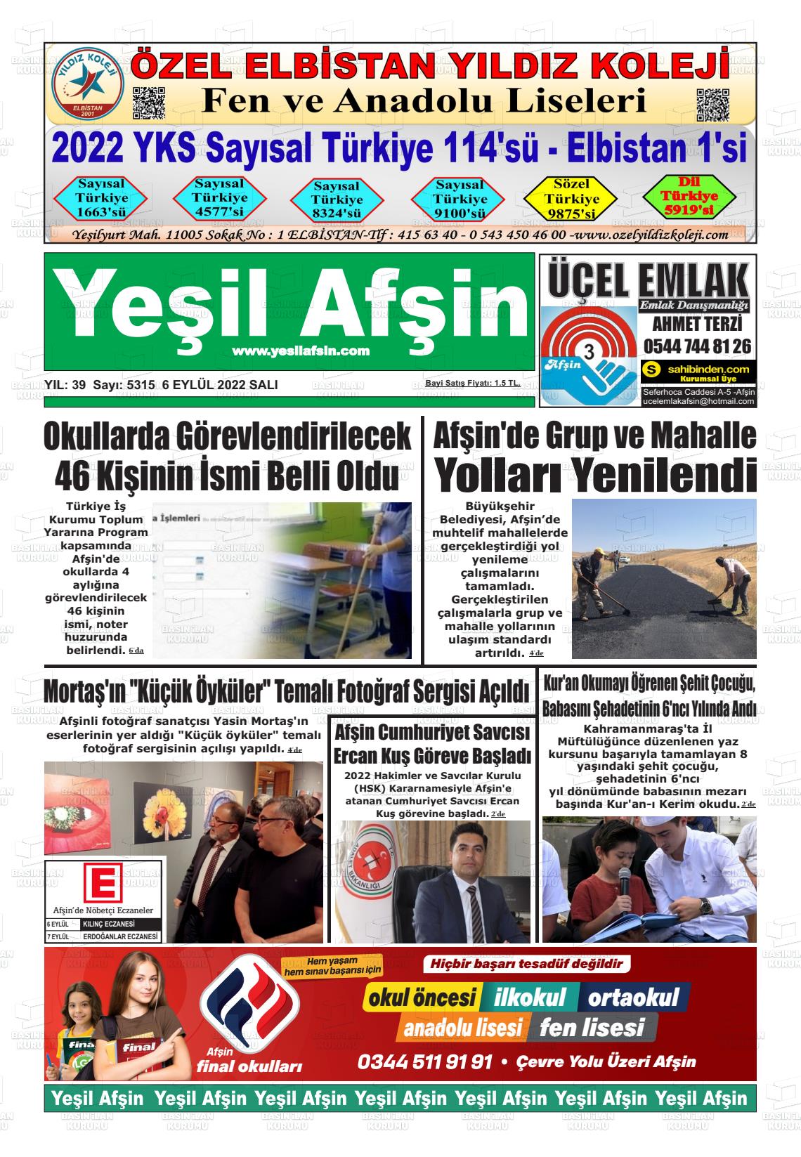 06 Eylül 2022 Yeşil Afşin Gazete Manşeti