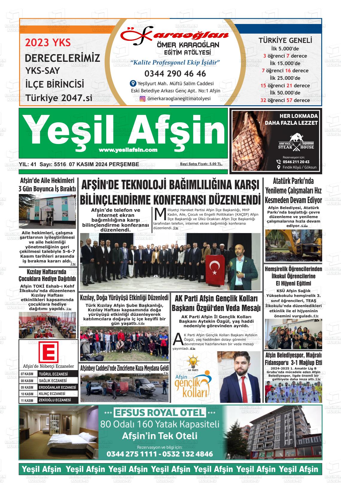 07 Kasım 2024 Yeşil Afşin Gazete Manşeti