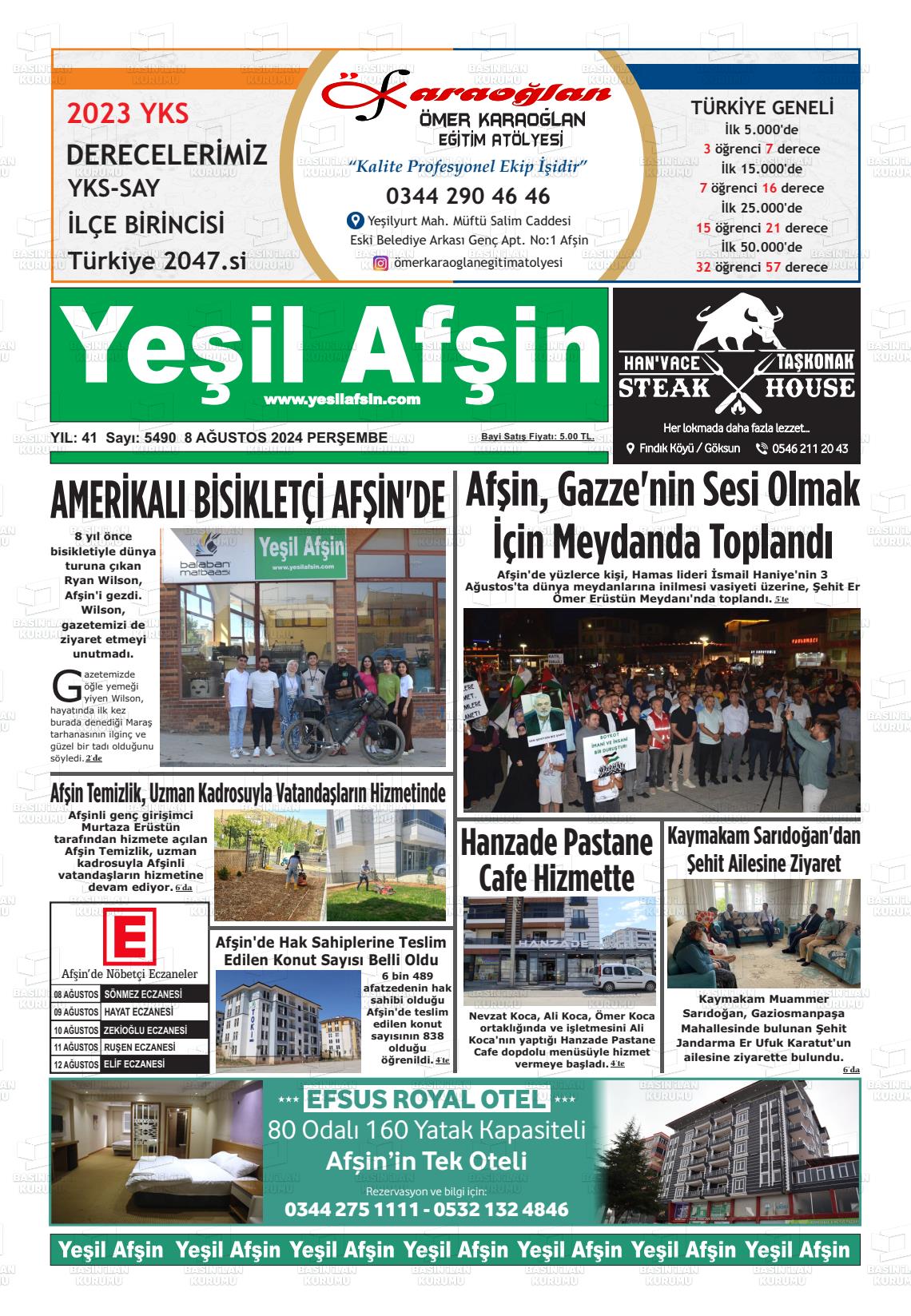 08 Ağustos 2024 Yeşil Afşin Gazete Manşeti