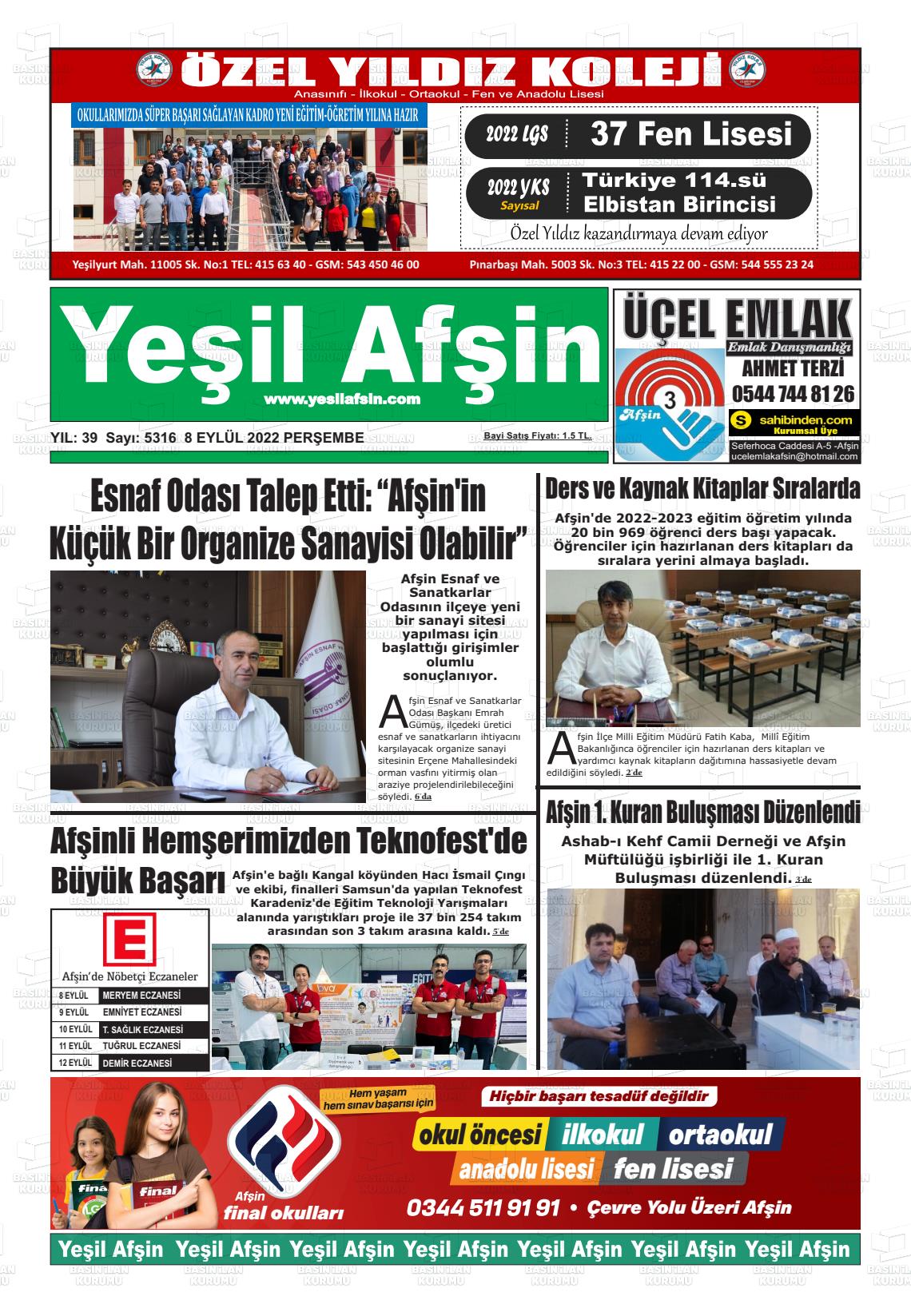 08 Eylül 2022 Yeşil Afşin Gazete Manşeti