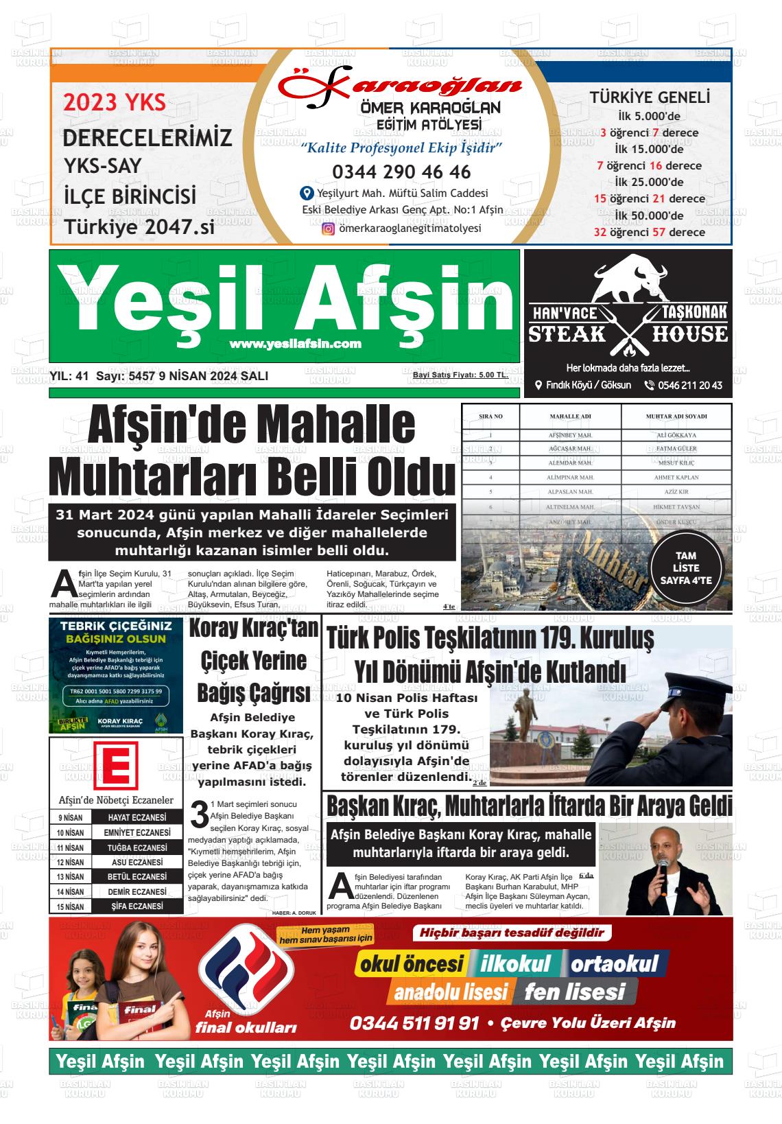 09 Nisan 2024 Yeşil Afşin Gazete Manşeti