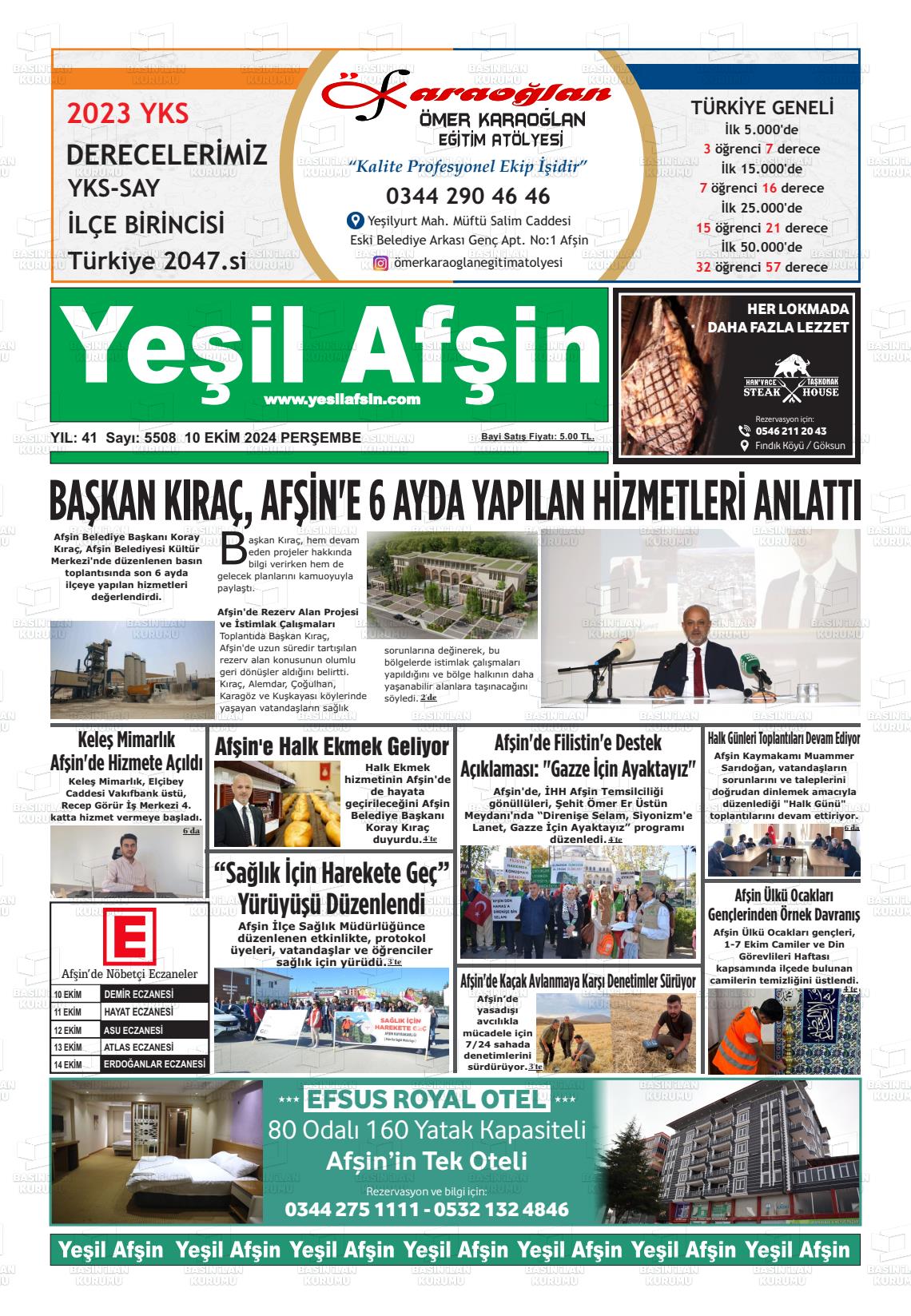 10 Ekim 2024 Yeşil Afşin Gazete Manşeti