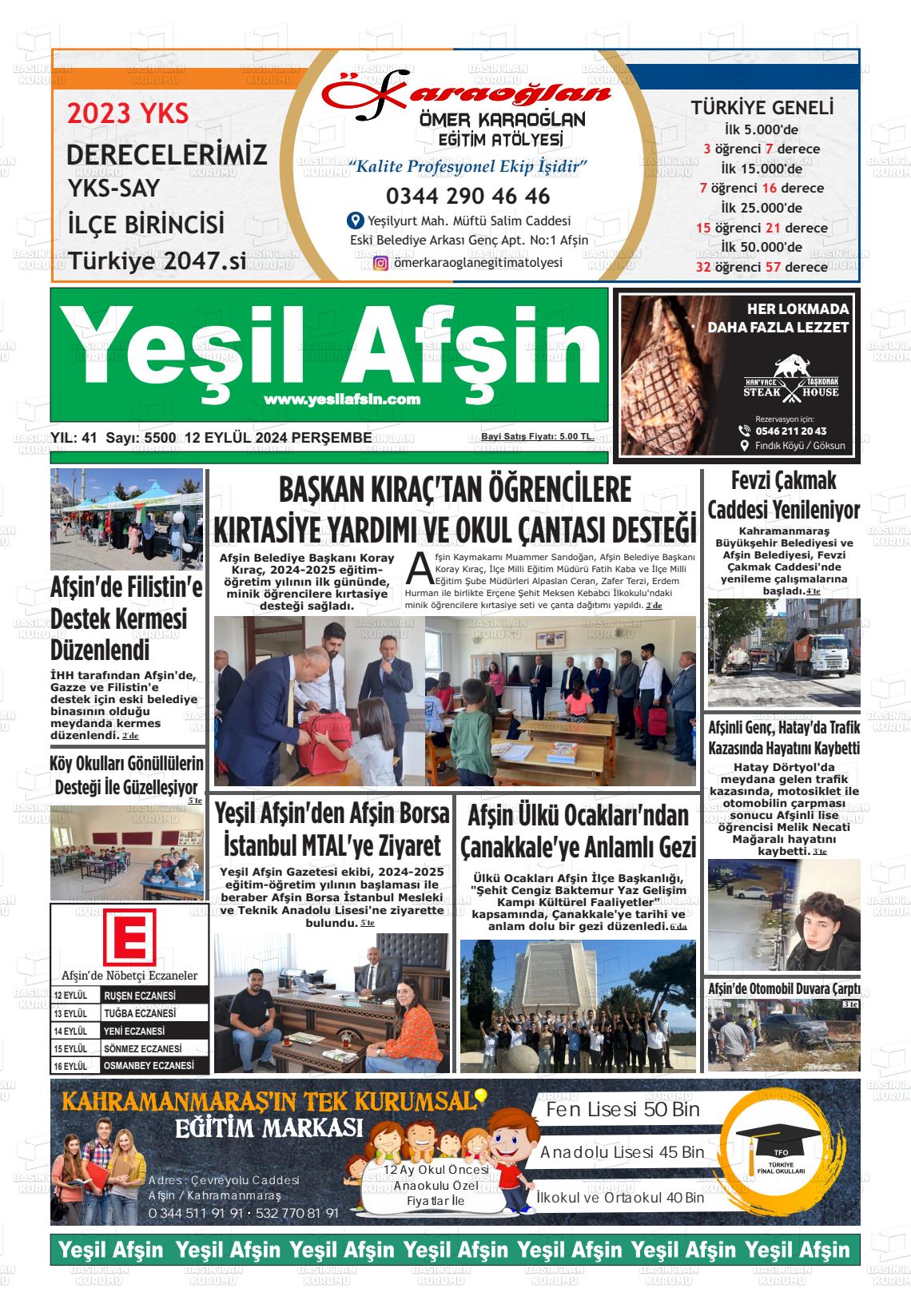 12 Eylül 2024 Yeşil Afşin Gazete Manşeti