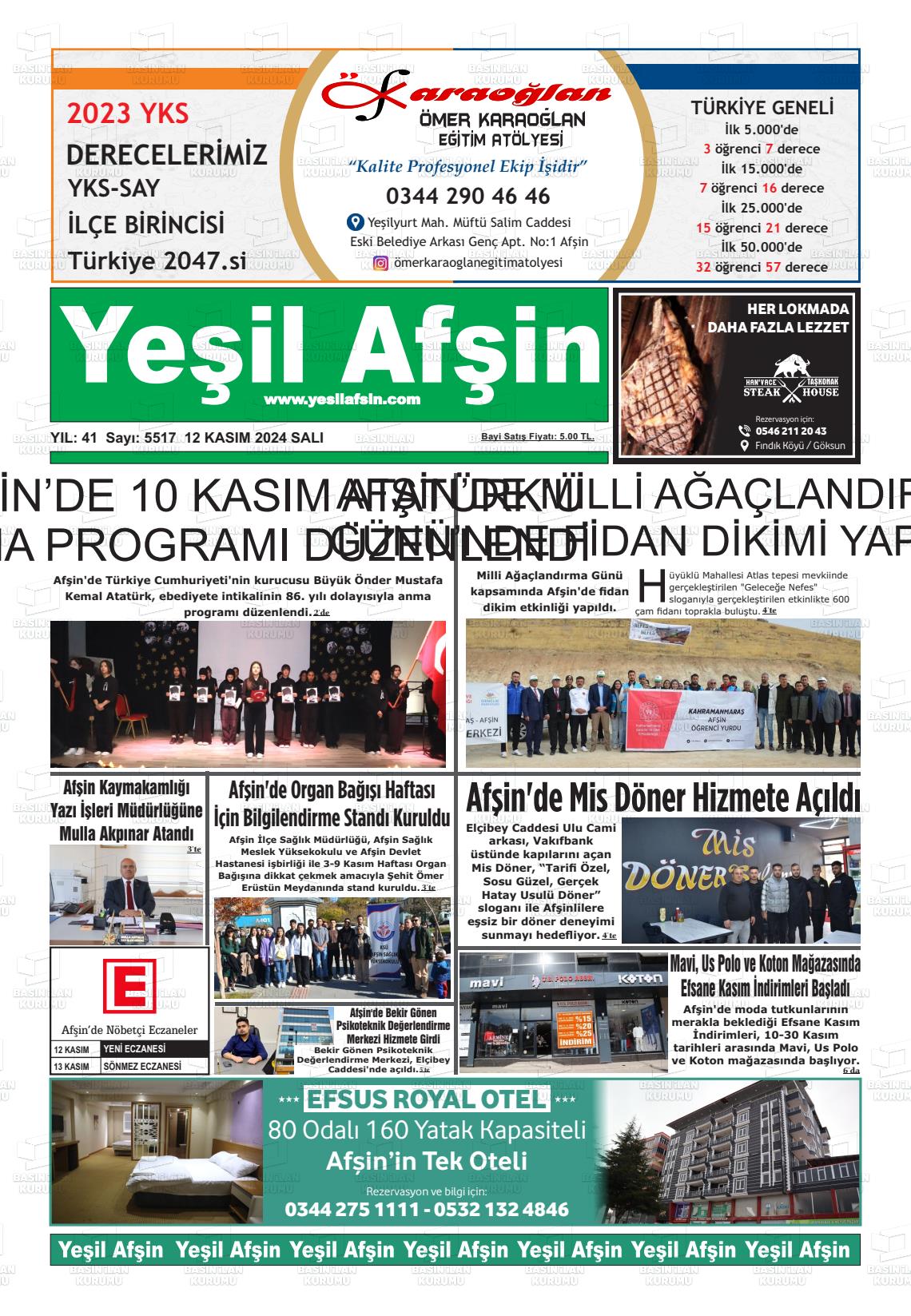 12 Kasım 2024 Yeşil Afşin Gazete Manşeti