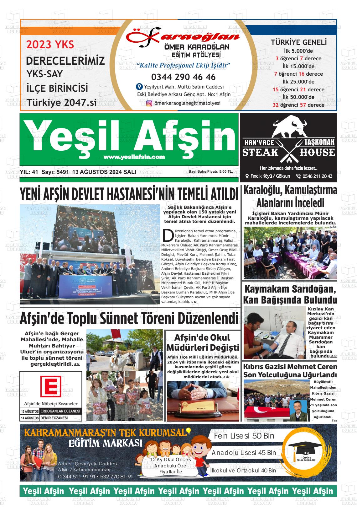 13 Ağustos 2024 Yeşil Afşin Gazete Manşeti