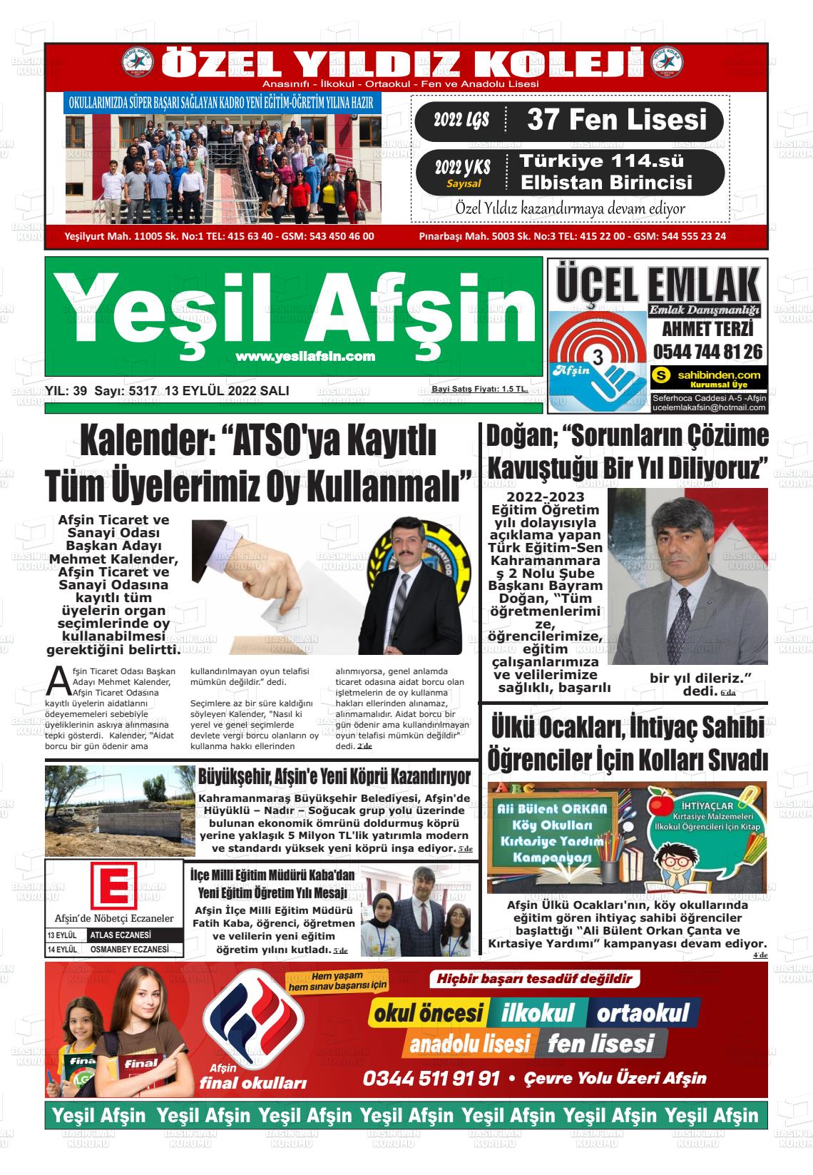 13 Eylül 2022 Yeşil Afşin Gazete Manşeti