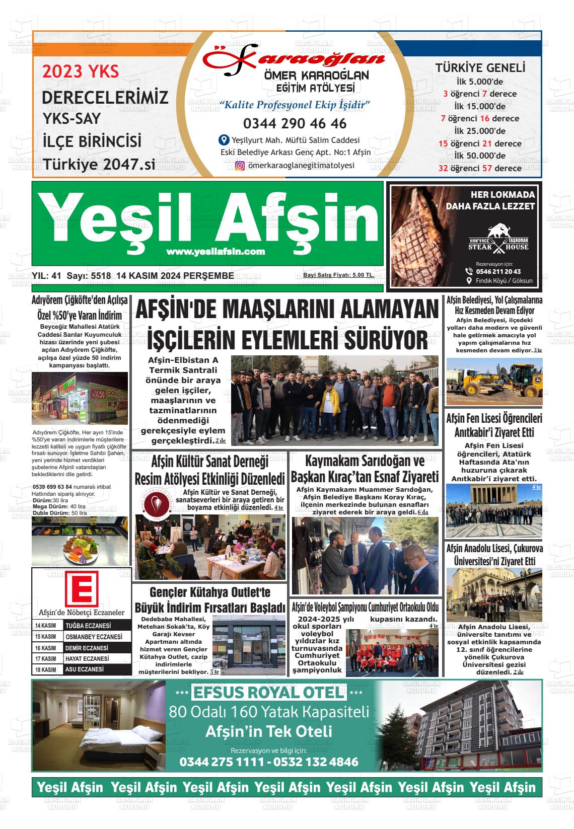 14 Kasım 2024 Yeşil Afşin Gazete Manşeti