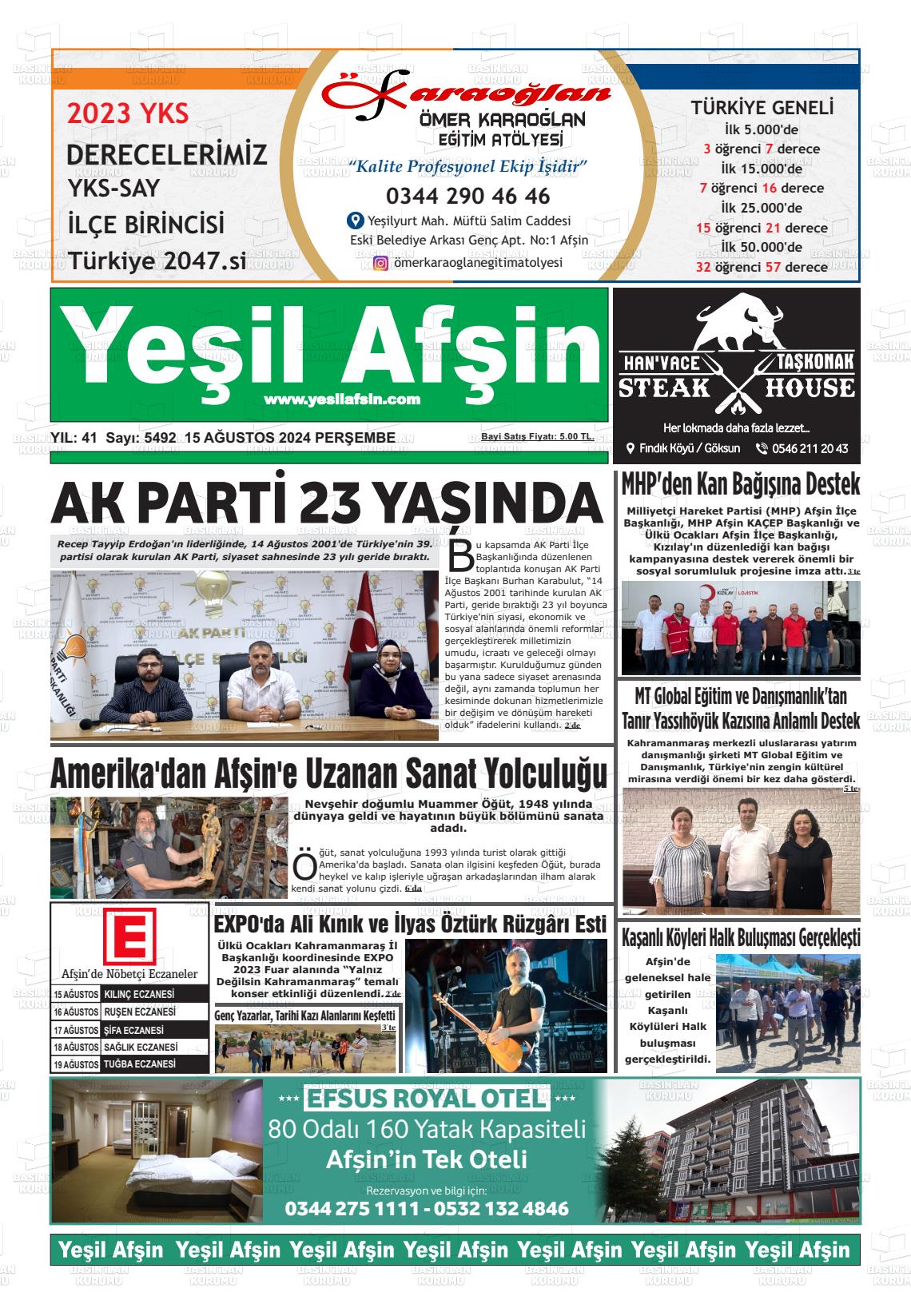 15 Ağustos 2024 Yeşil Afşin Gazete Manşeti