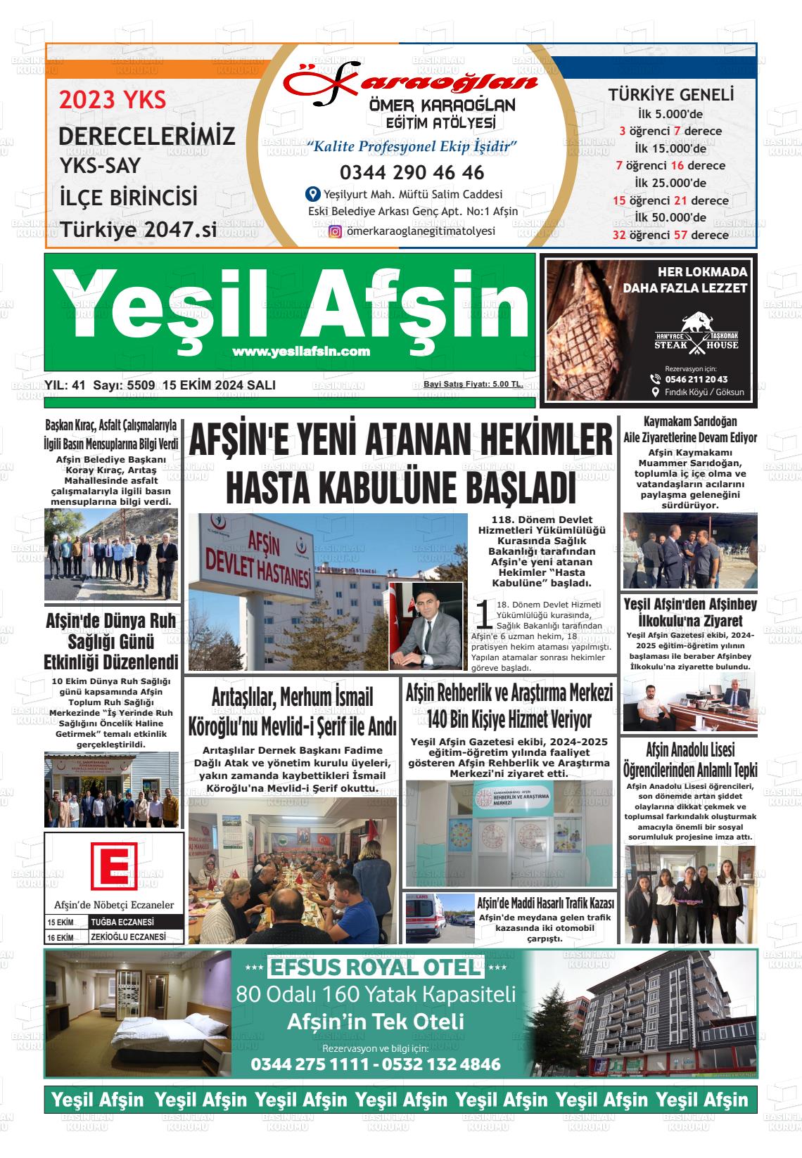 15 Ekim 2024 Yeşil Afşin Gazete Manşeti