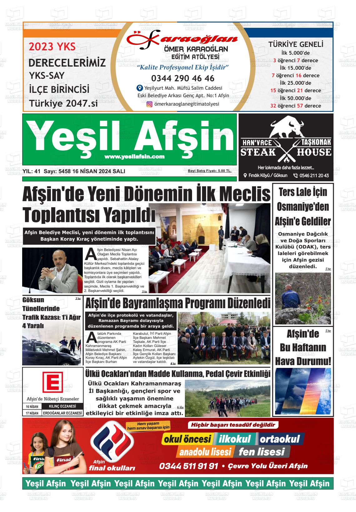 18 Nisan 2024 Yeşil Afşin Gazete Manşeti