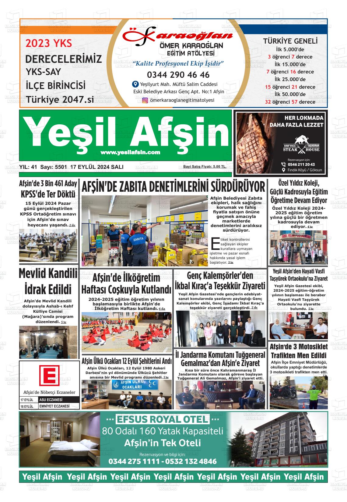 17 Eylül 2024 Yeşil Afşin Gazete Manşeti