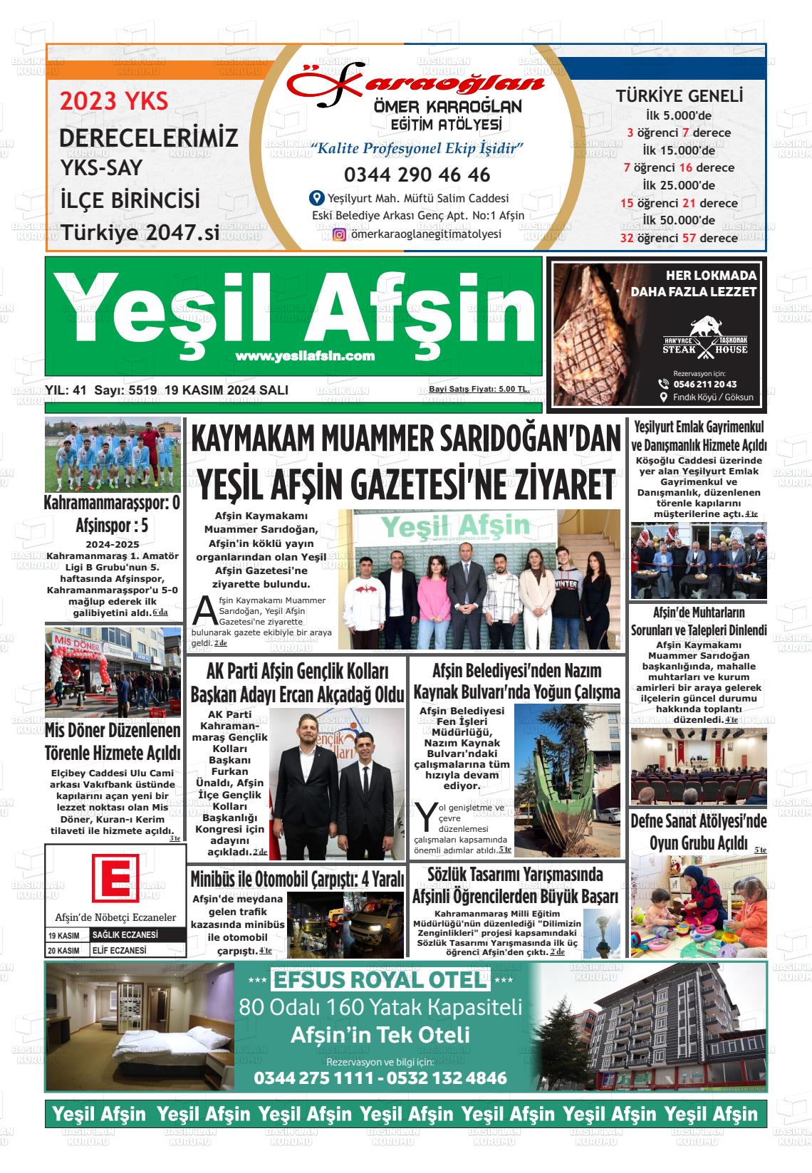 19 Kasım 2024 Yeşil Afşin Gazete Manşeti