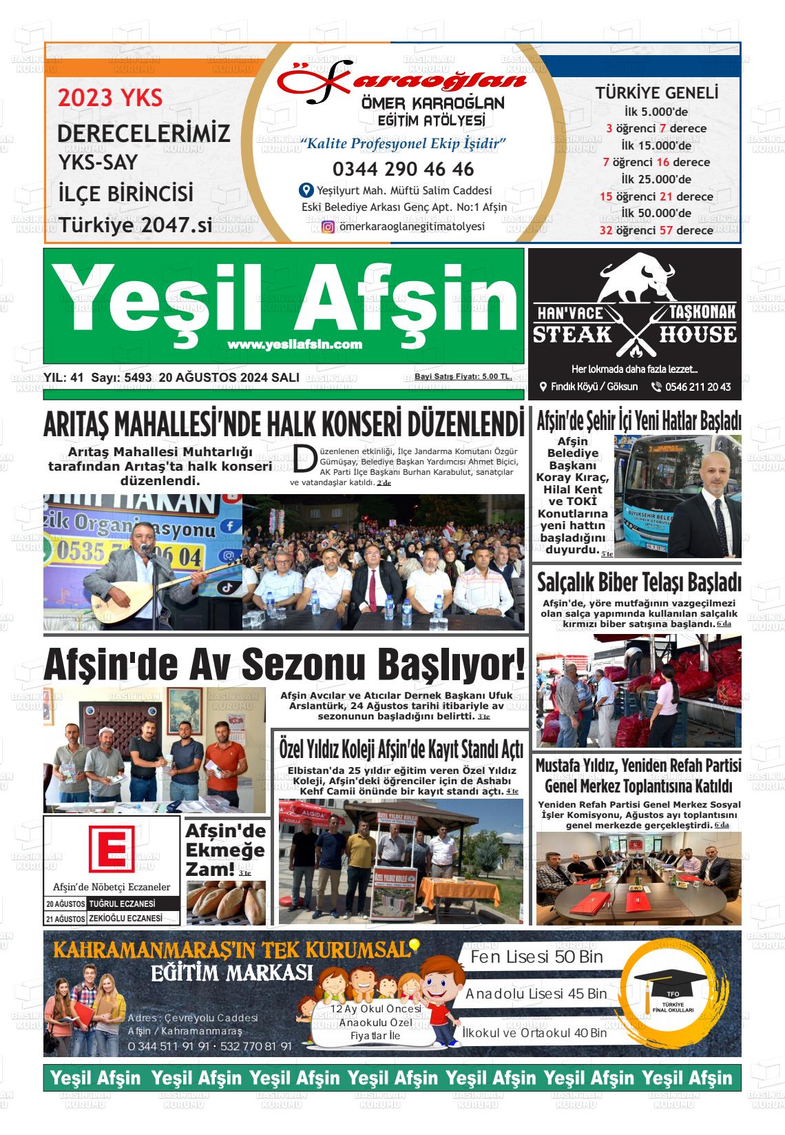 20 Ağustos 2024 Yeşil Afşin Gazete Manşeti