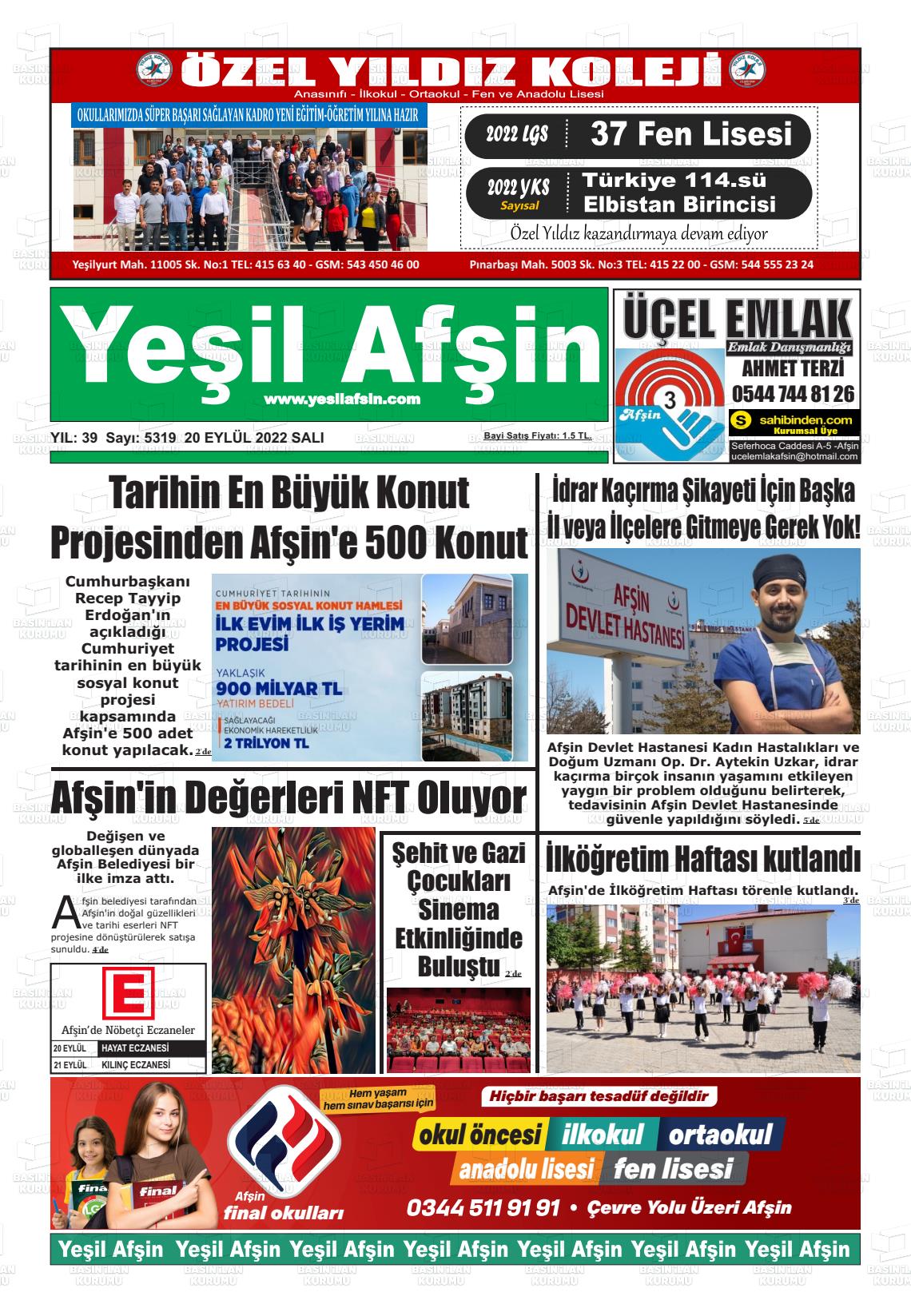 20 Eylül 2022 Yeşil Afşin Gazete Manşeti