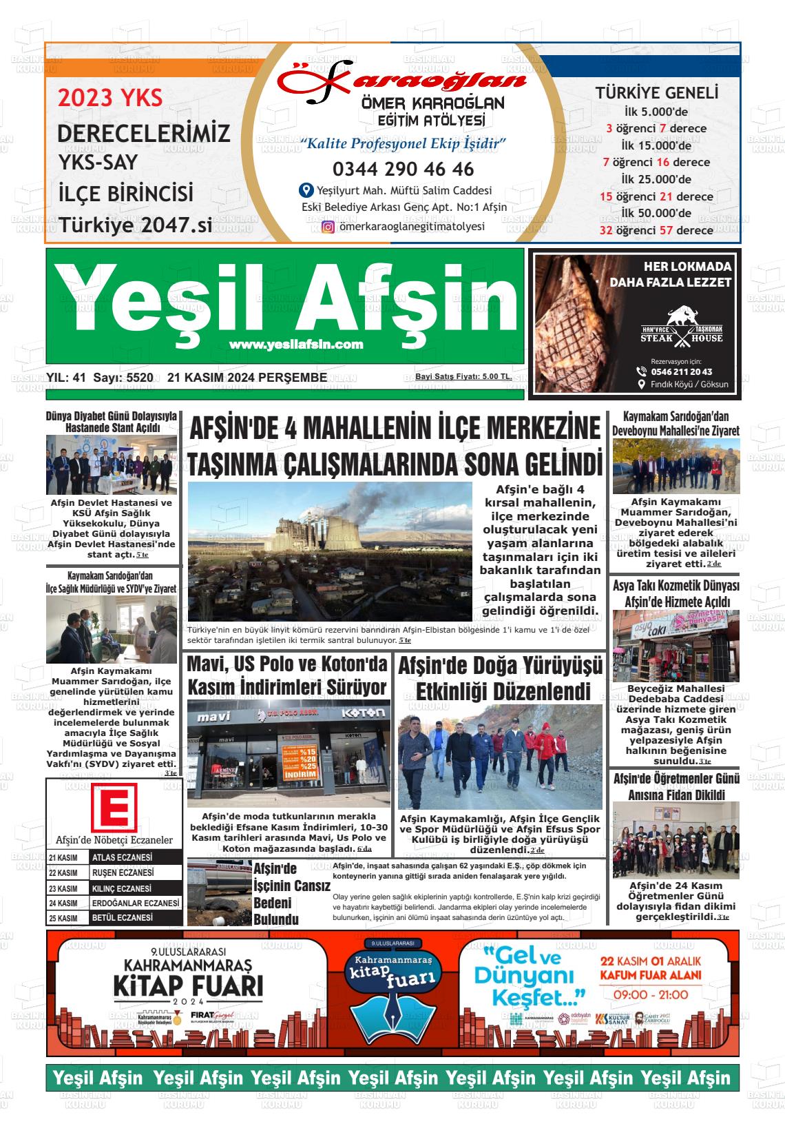 21 Kasım 2024 Yeşil Afşin Gazete Manşeti