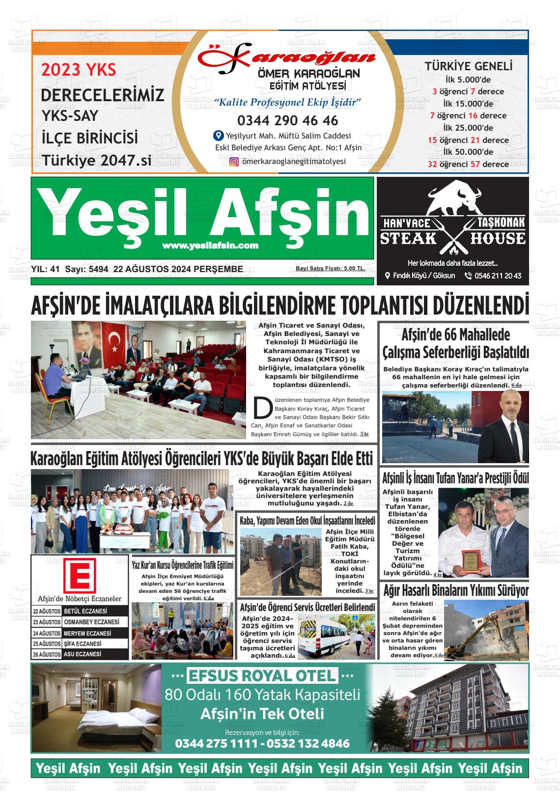 22 Ağustos 2024 Yeşil Afşin Gazete Manşeti