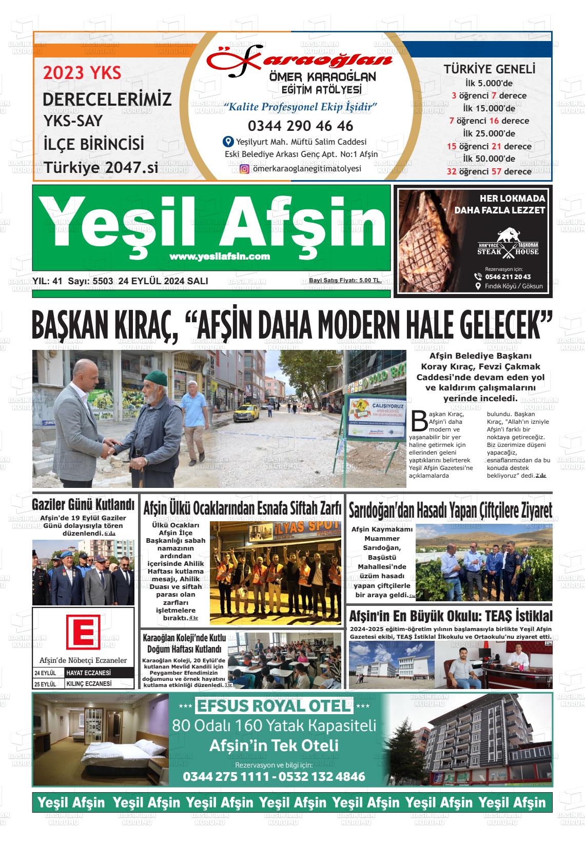 24 Eylül 2024 Yeşil Afşin Gazete Manşeti