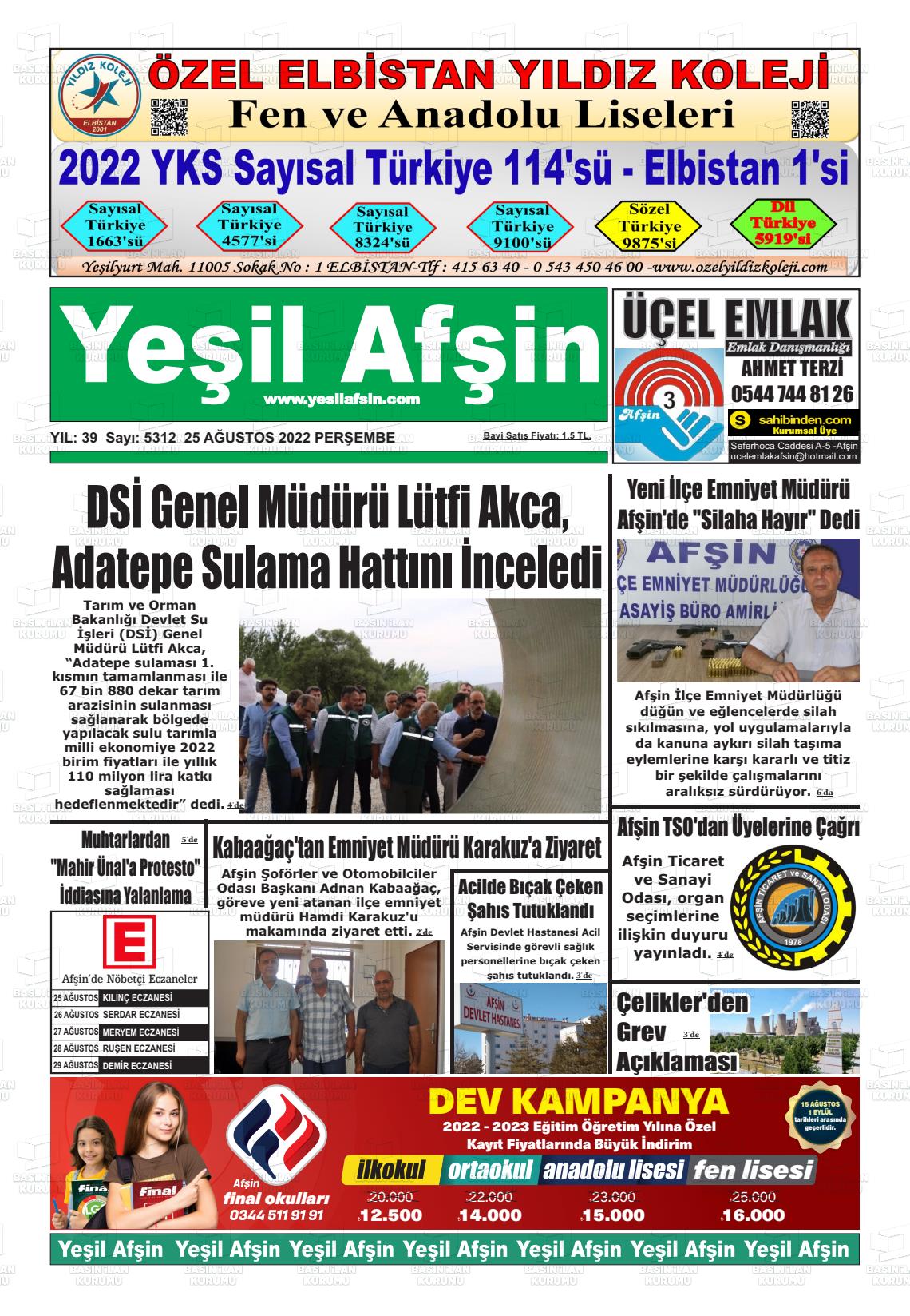 25 Ağustos 2022 Yeşil Afşin Gazete Manşeti