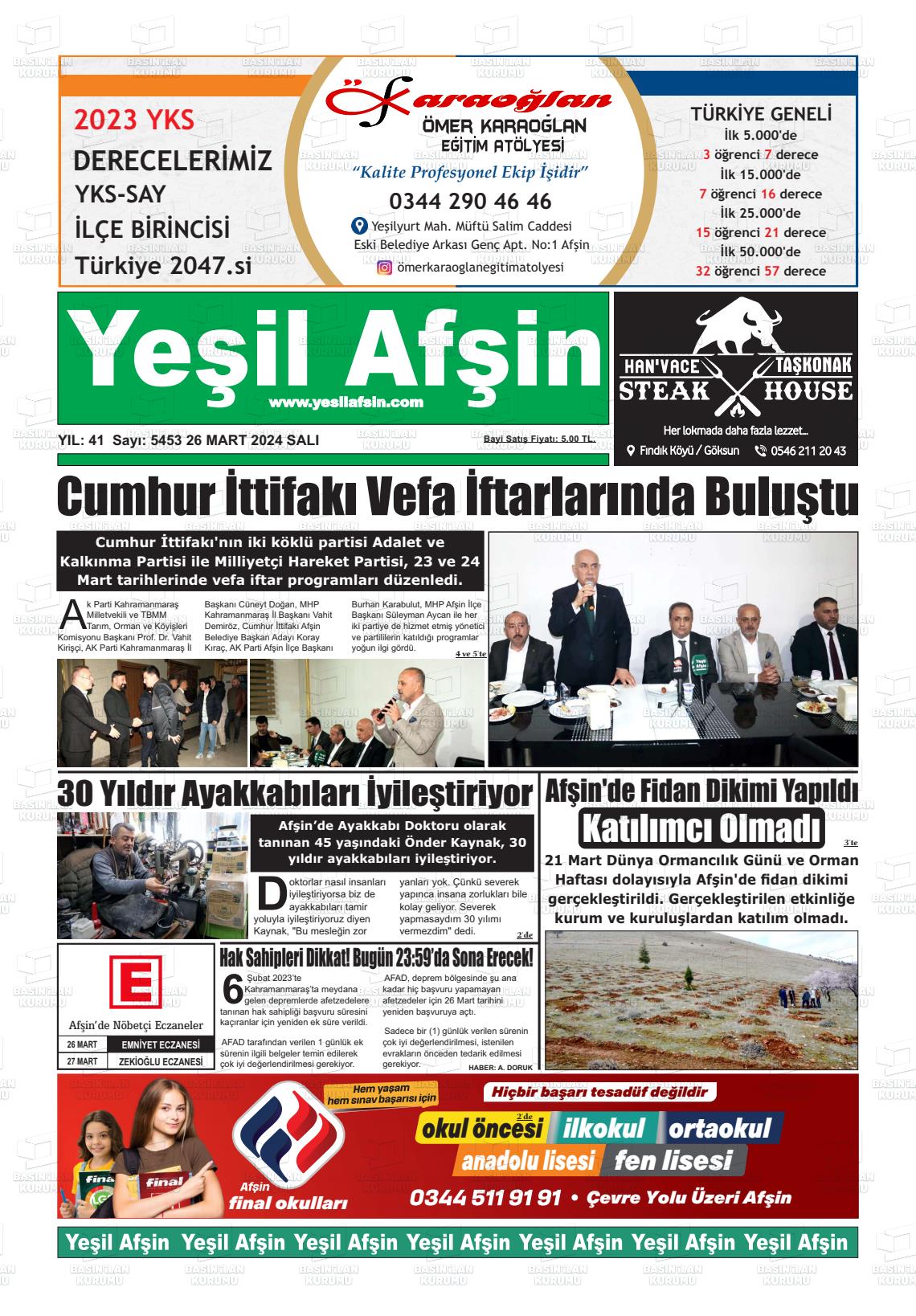 26 Mart 2024 Yeşil Afşin Gazete Manşeti