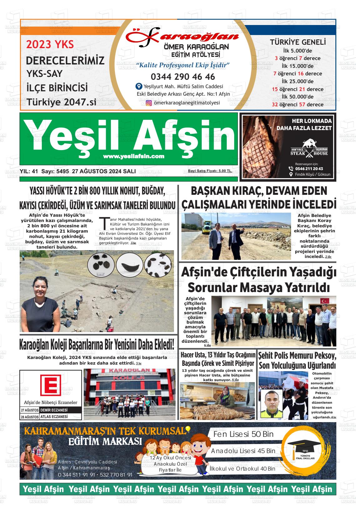 27 Ağustos 2024 Yeşil Afşin Gazete Manşeti