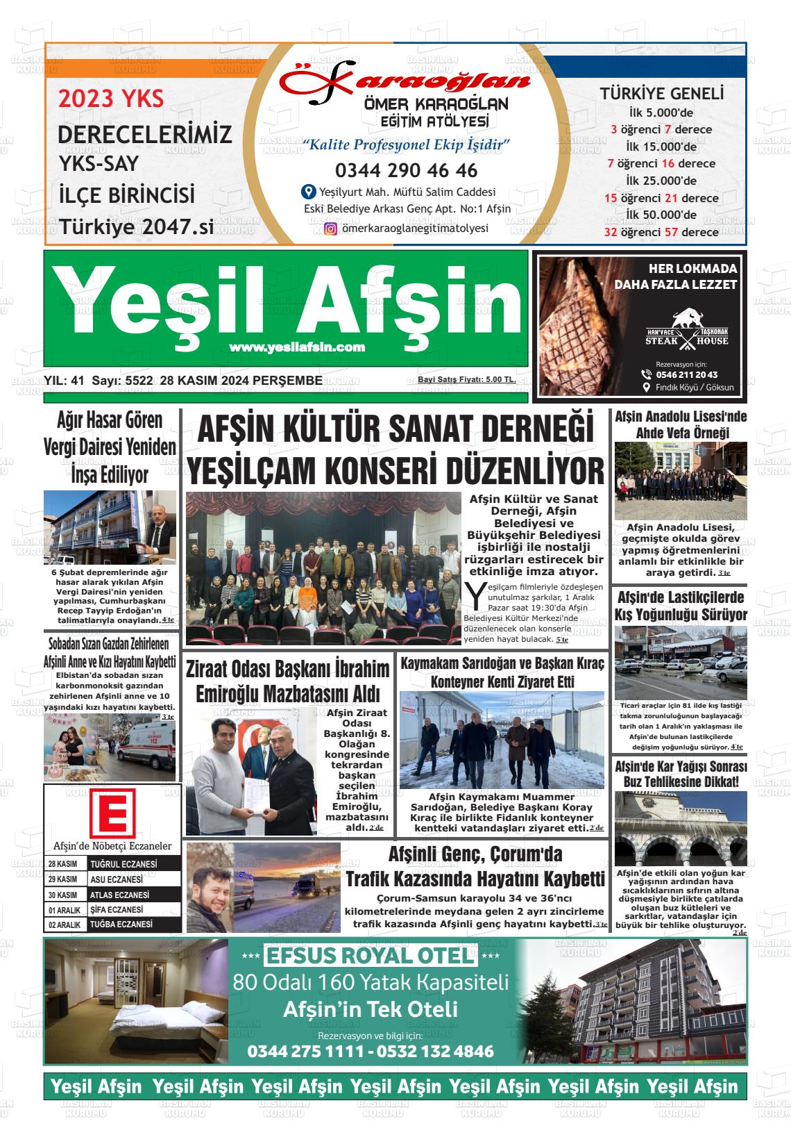 28 Kasım 2024 Yeşil Afşin Gazete Manşeti