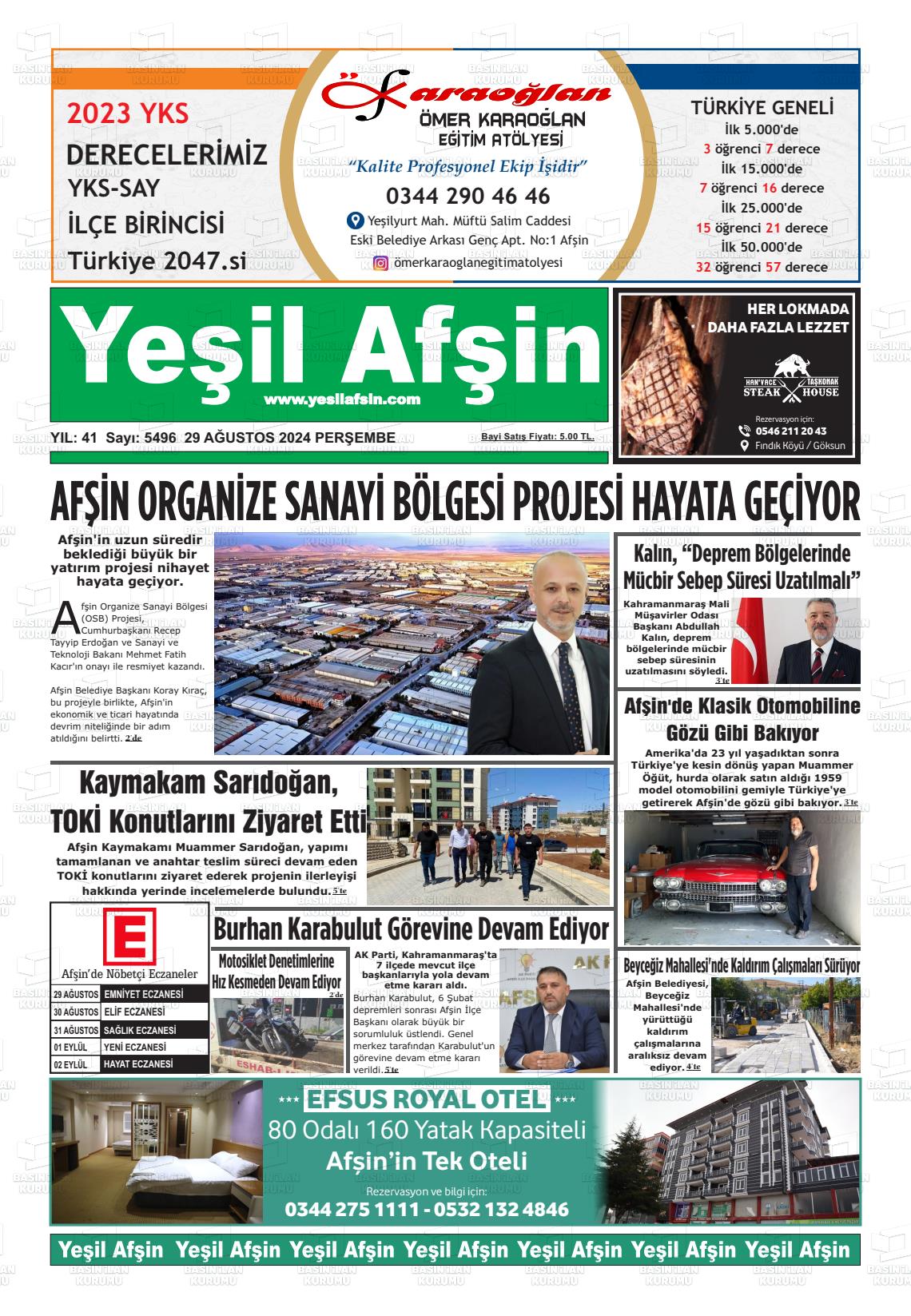 29 Ağustos 2024 Yeşil Afşin Gazete Manşeti