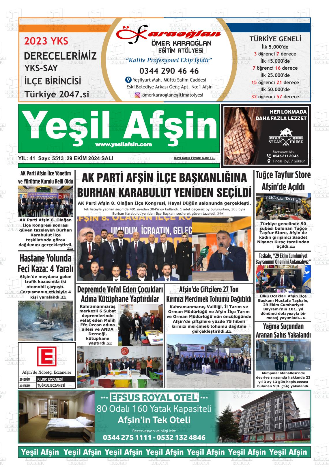 29 Ekim 2024 Yeşil Afşin Gazete Manşeti