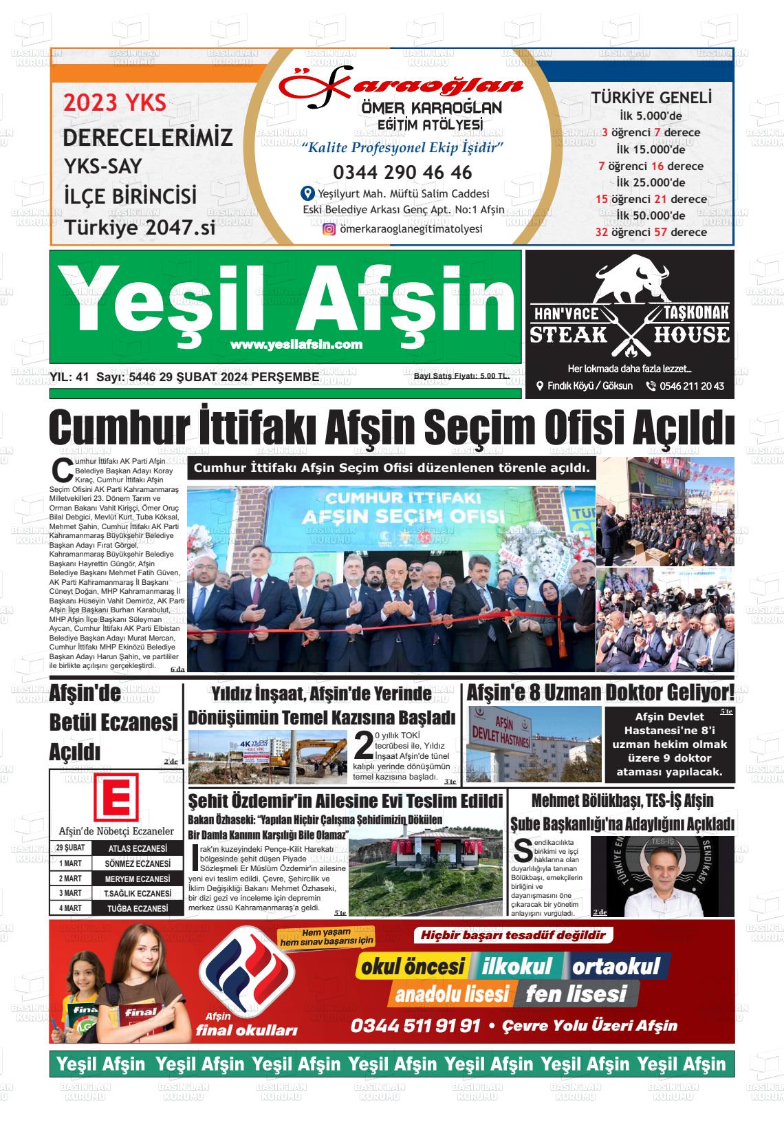 29 Şubat 2024 Yeşil Afşin Gazete Manşeti