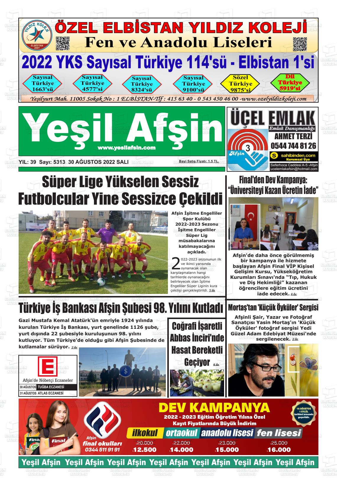 30 Ağustos 2022 Yeşil Afşin Gazete Manşeti