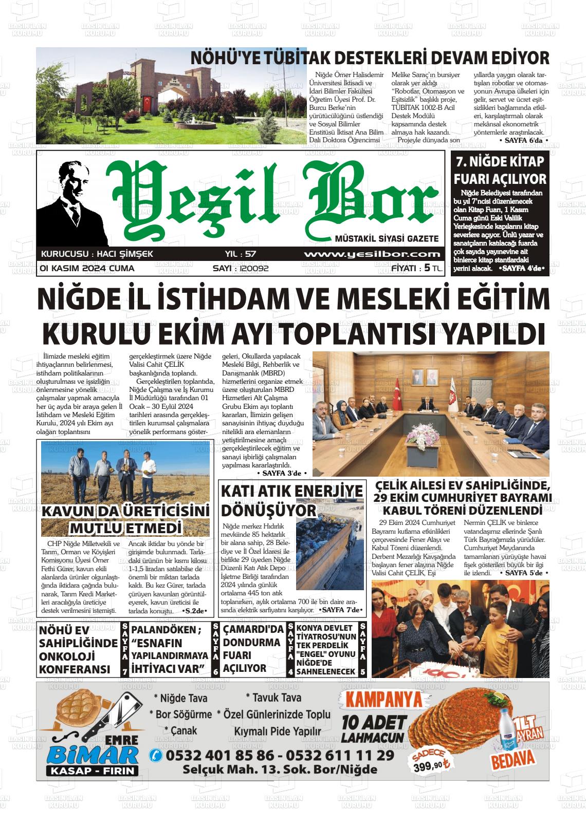 01 Kasım 2024 Yeşil Bor Gazete Manşeti