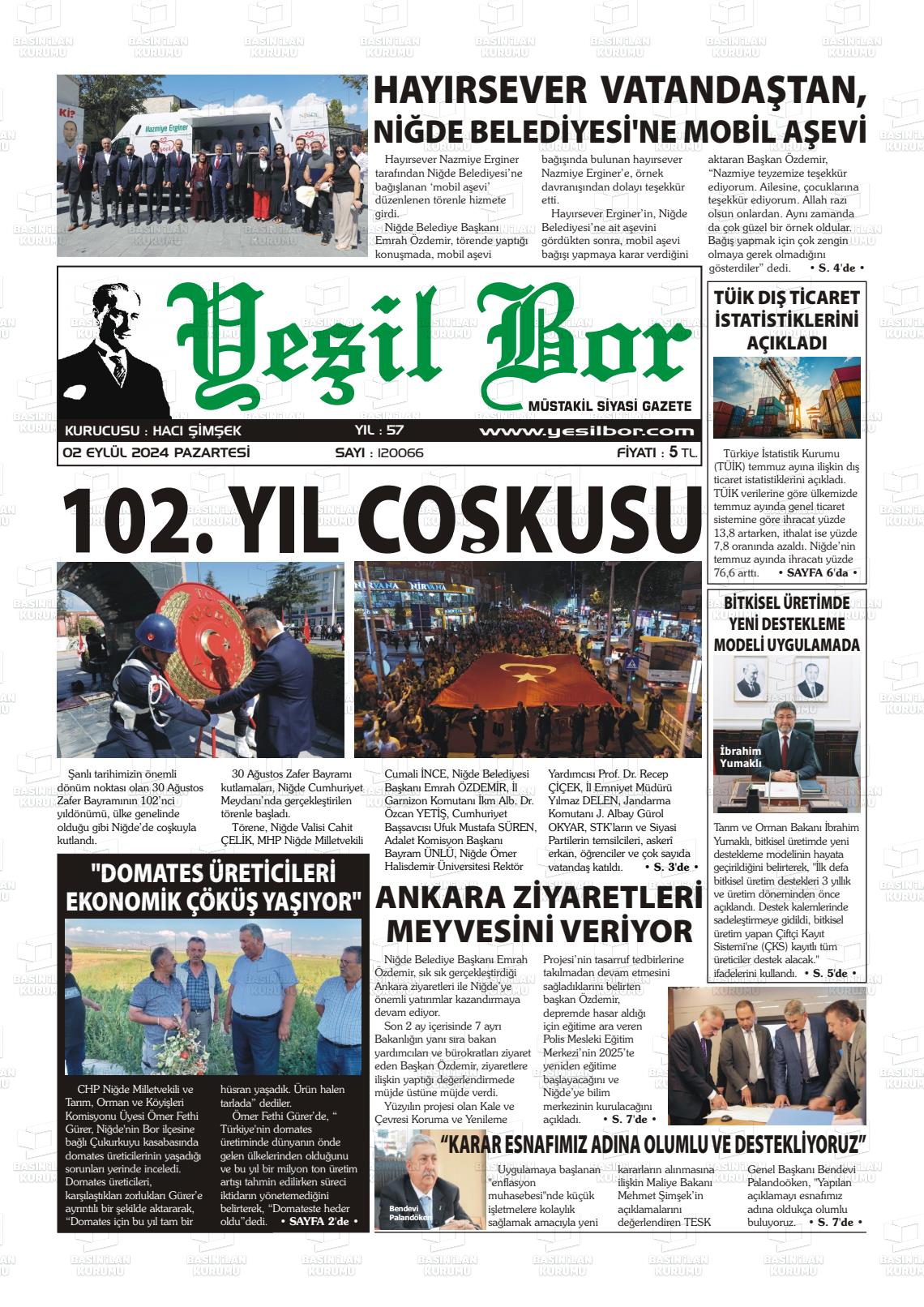 02 Eylül 2024 Yeşil Bor Gazete Manşeti