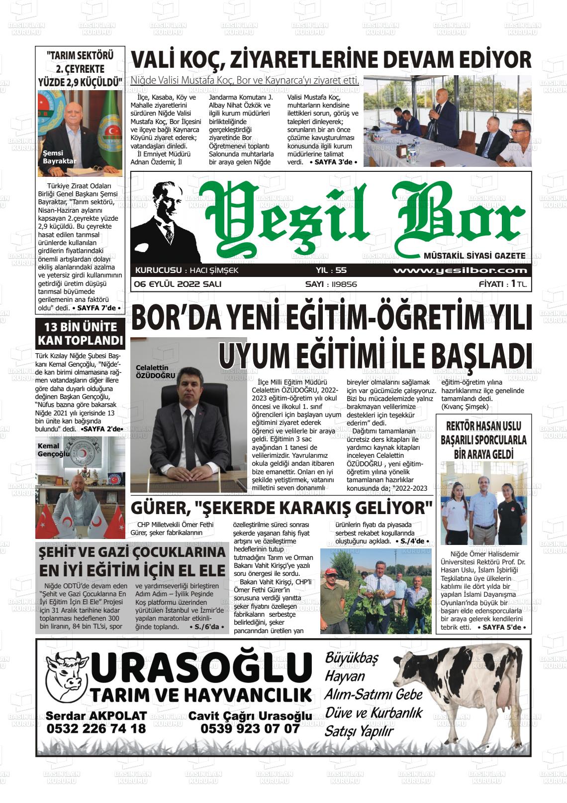 06 Eylül 2022 Yeşil Bor Gazete Manşeti