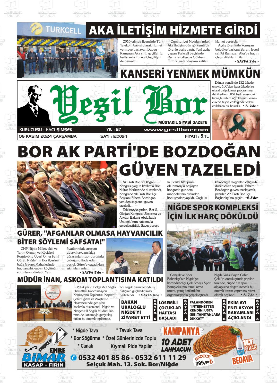 06 Kasım 2024 Yeşil Bor Gazete Manşeti