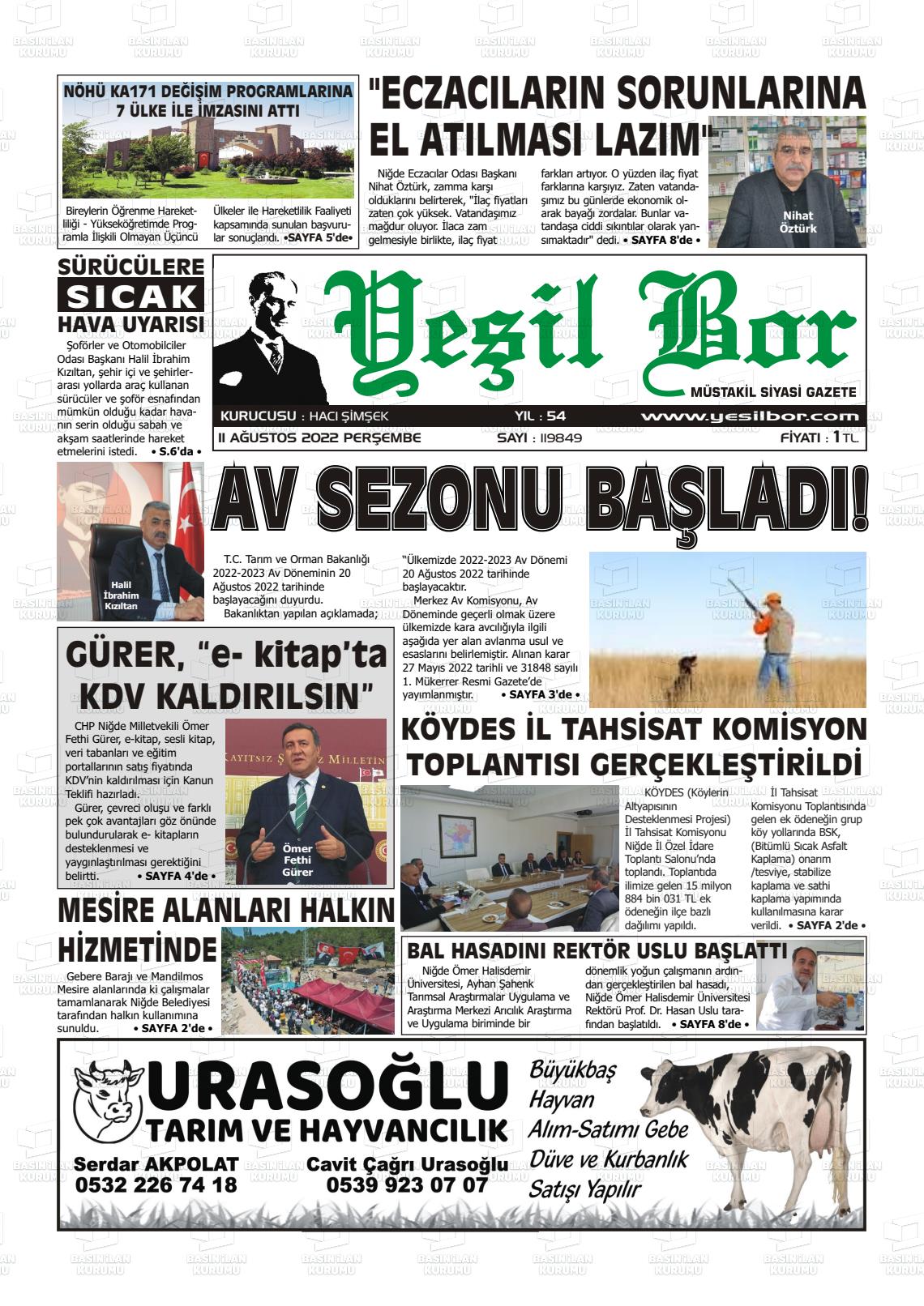 11 Ağustos 2022 Yeşil Bor Gazete Manşeti