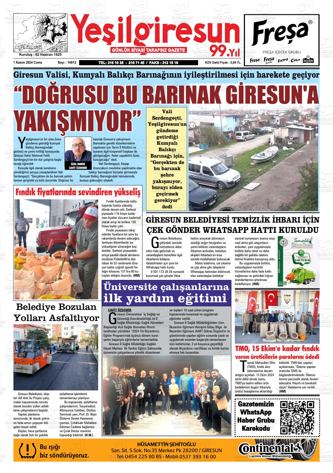 01 Kasım 2024 Yeşil Giresun Gazete Manşeti