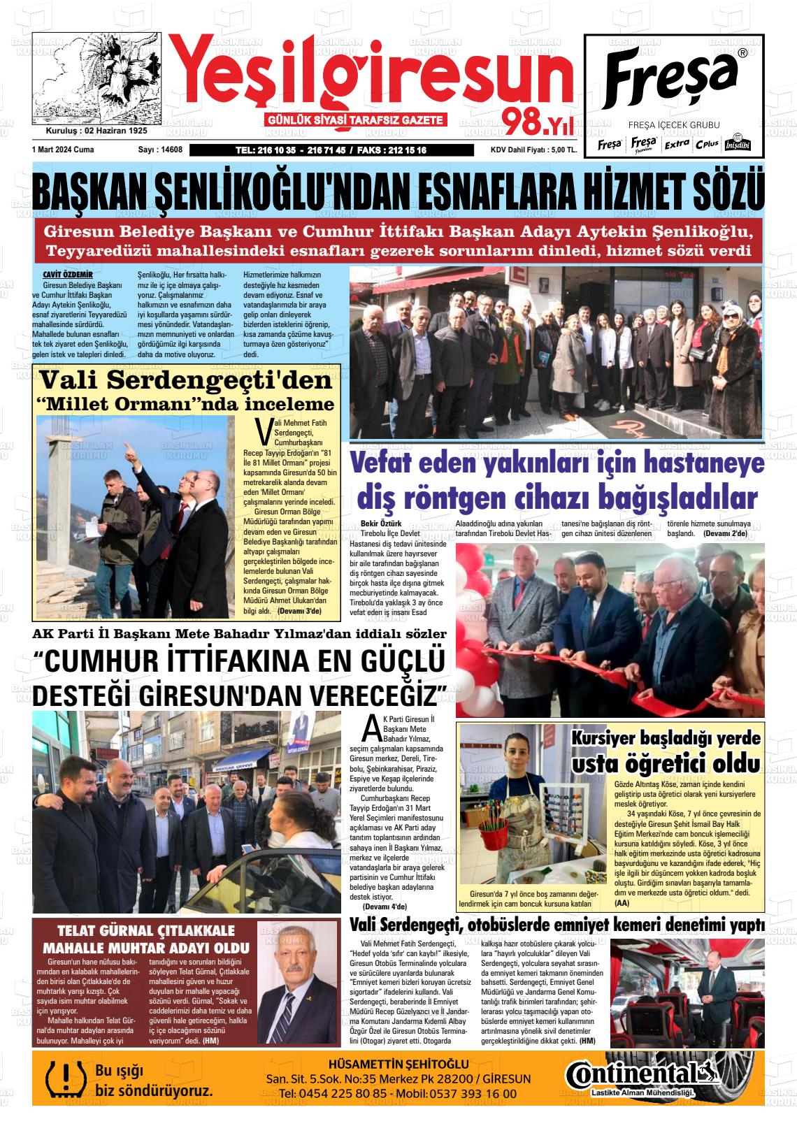 01 Mart 2024 Yeşil Giresun Gazete Manşeti