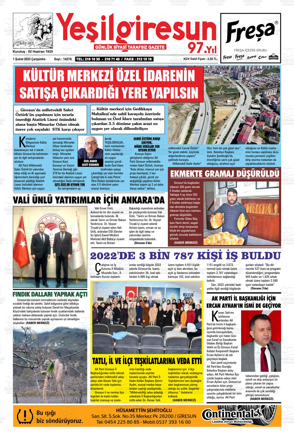 01 Şubat 2023 Yeşil Giresun Gazete Manşeti