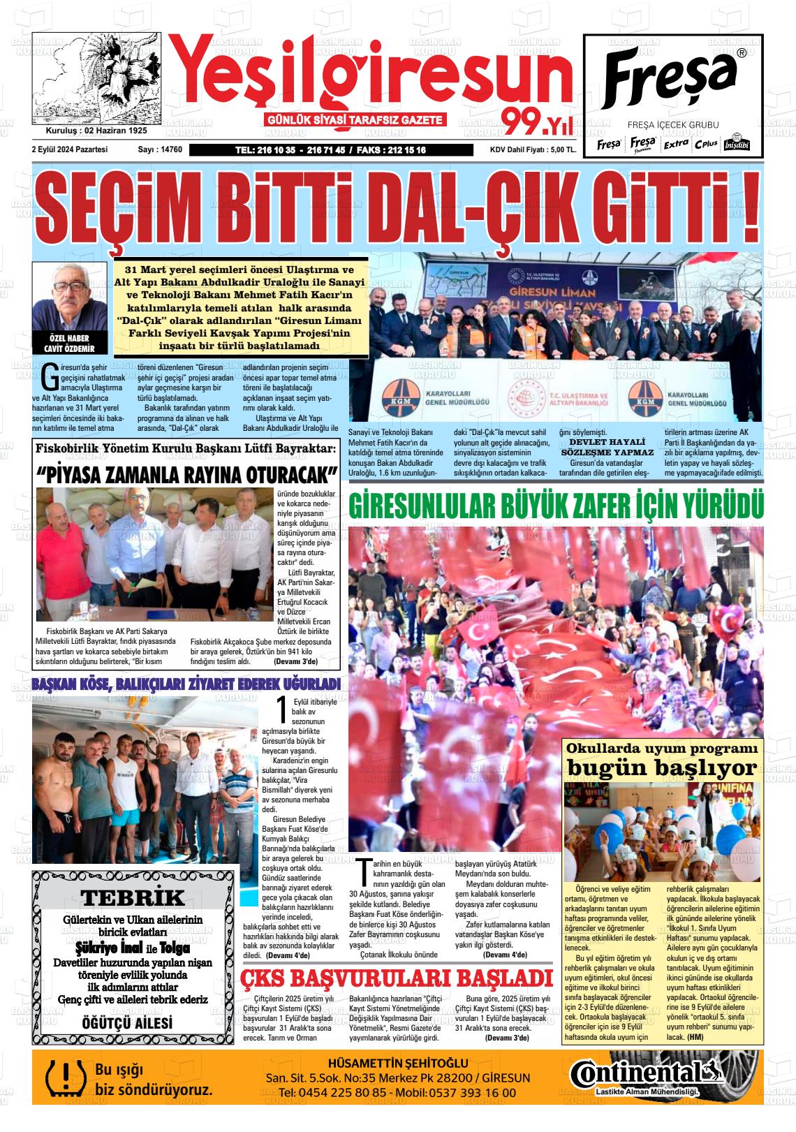 02 Eylül 2024 Yeşil Giresun Gazete Manşeti