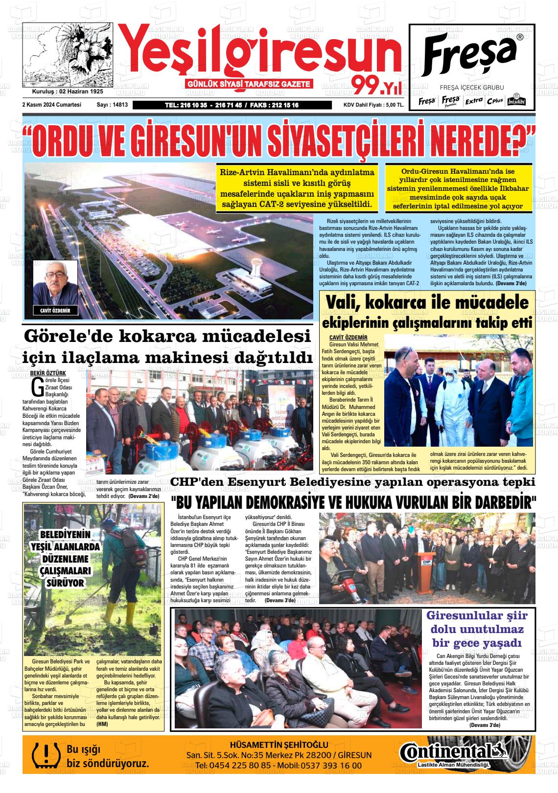 02 Kasım 2024 Yeşil Giresun Gazete Manşeti