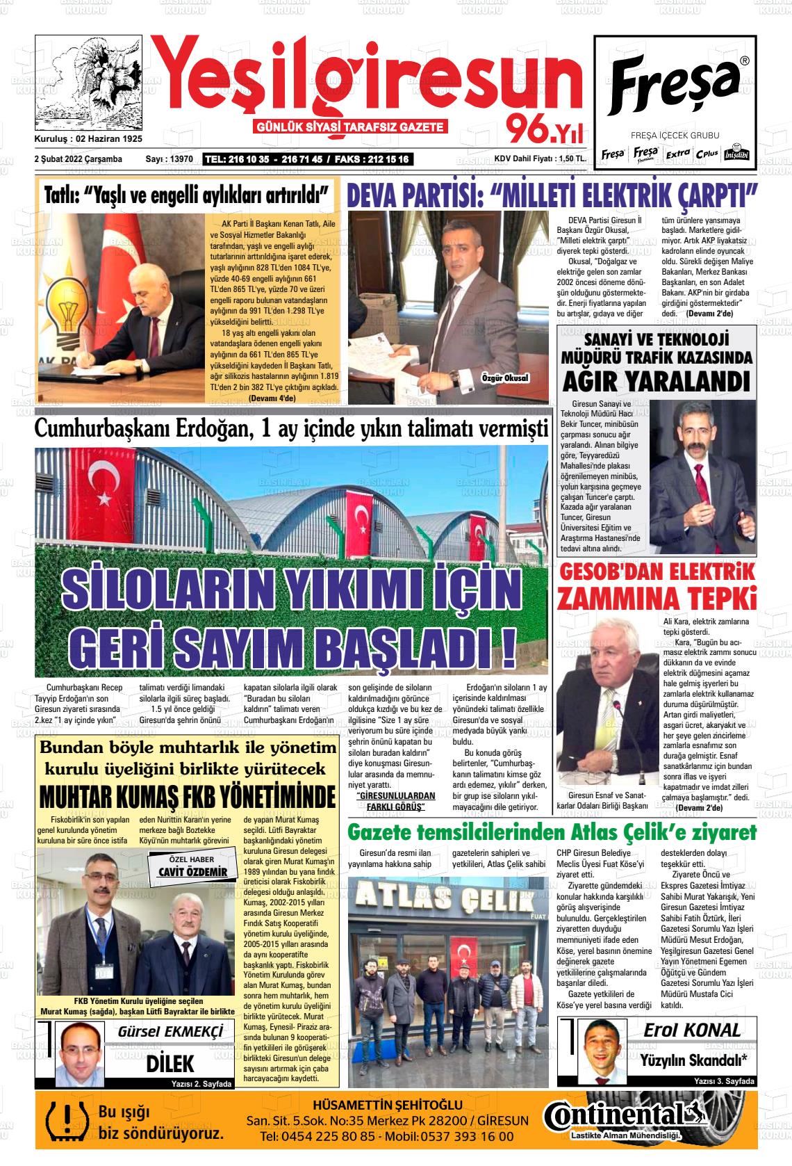 02 Şubat 2022 Yeşil Giresun Gazete Manşeti